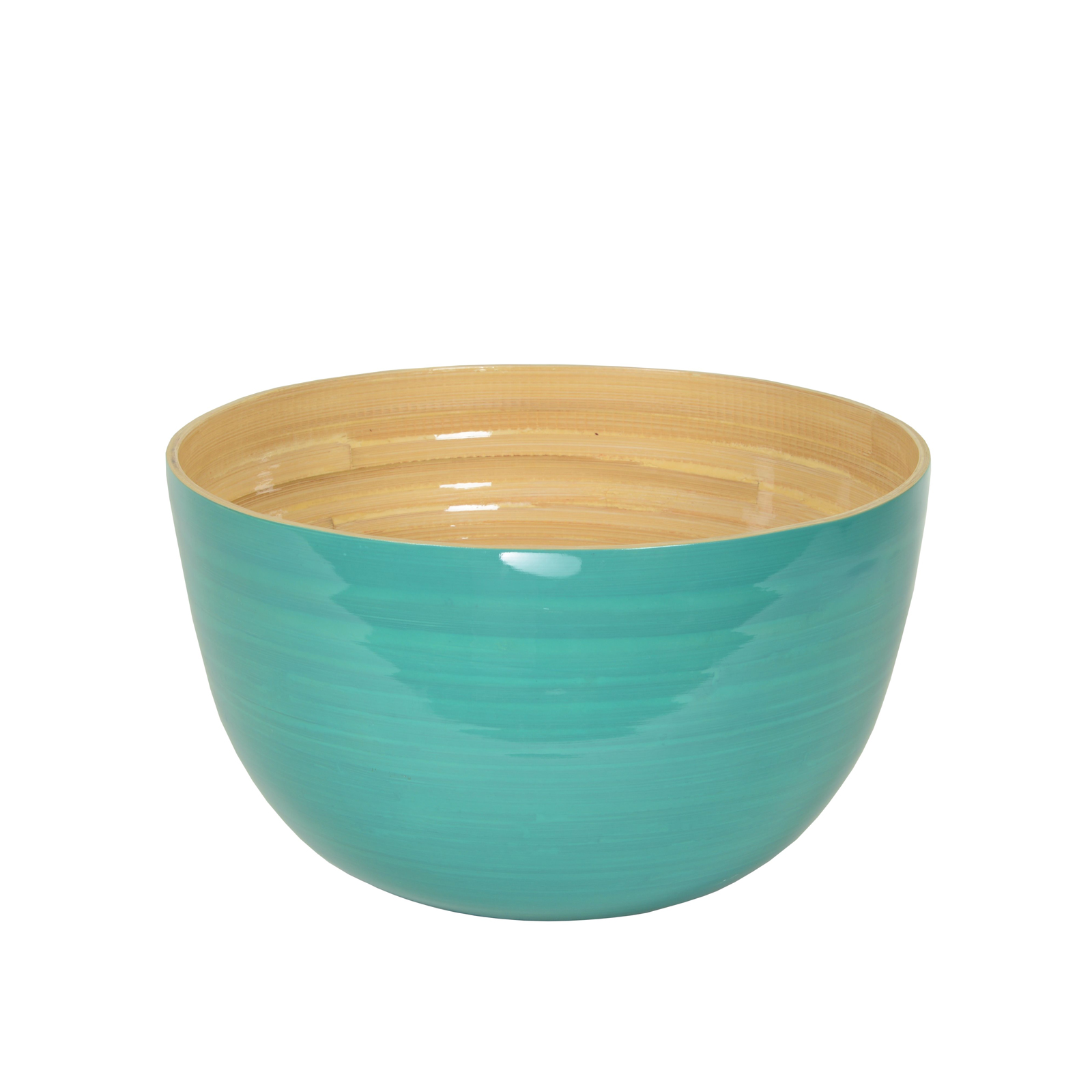 Die glänzend lackierte Bambus-Schüssel 30cm hellblau ist außen blau und zeigt innen das schöne Holz.