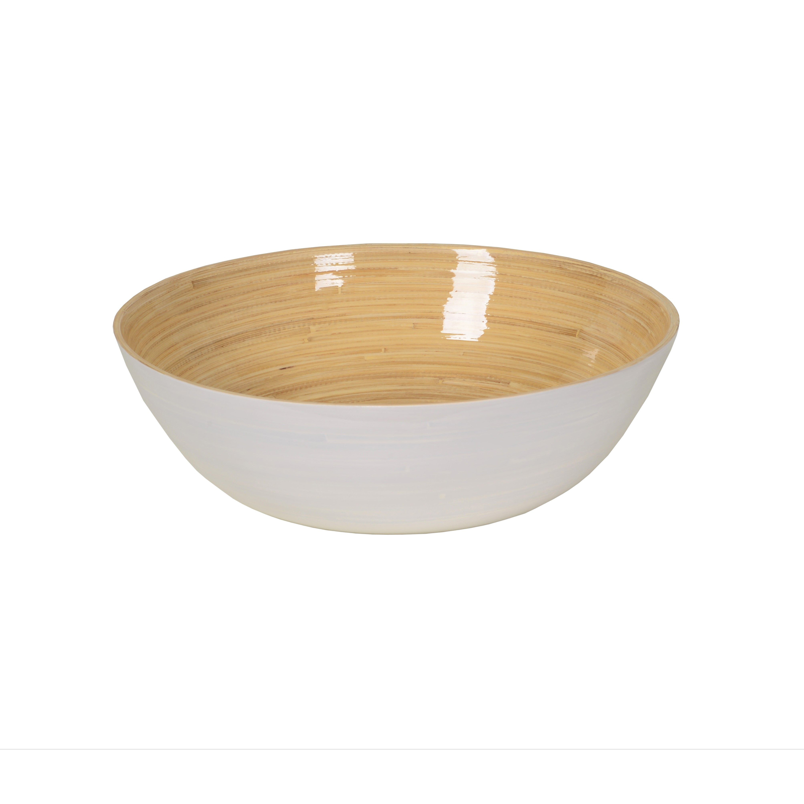 Die glänzend lackierte Bambus-Schüssel flach 30cm weiß ist außen weiß und zeigt innen das schöne Holz.