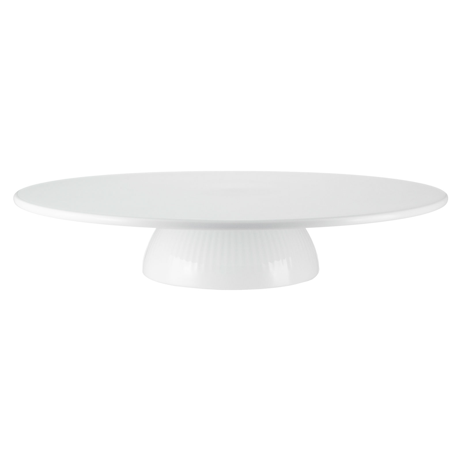 Die Legio Nova Tortenplatte von Eva Trio ist eine weiße Porzellanplatte auf einem halbrunden Fuß, der innen hohl ist.