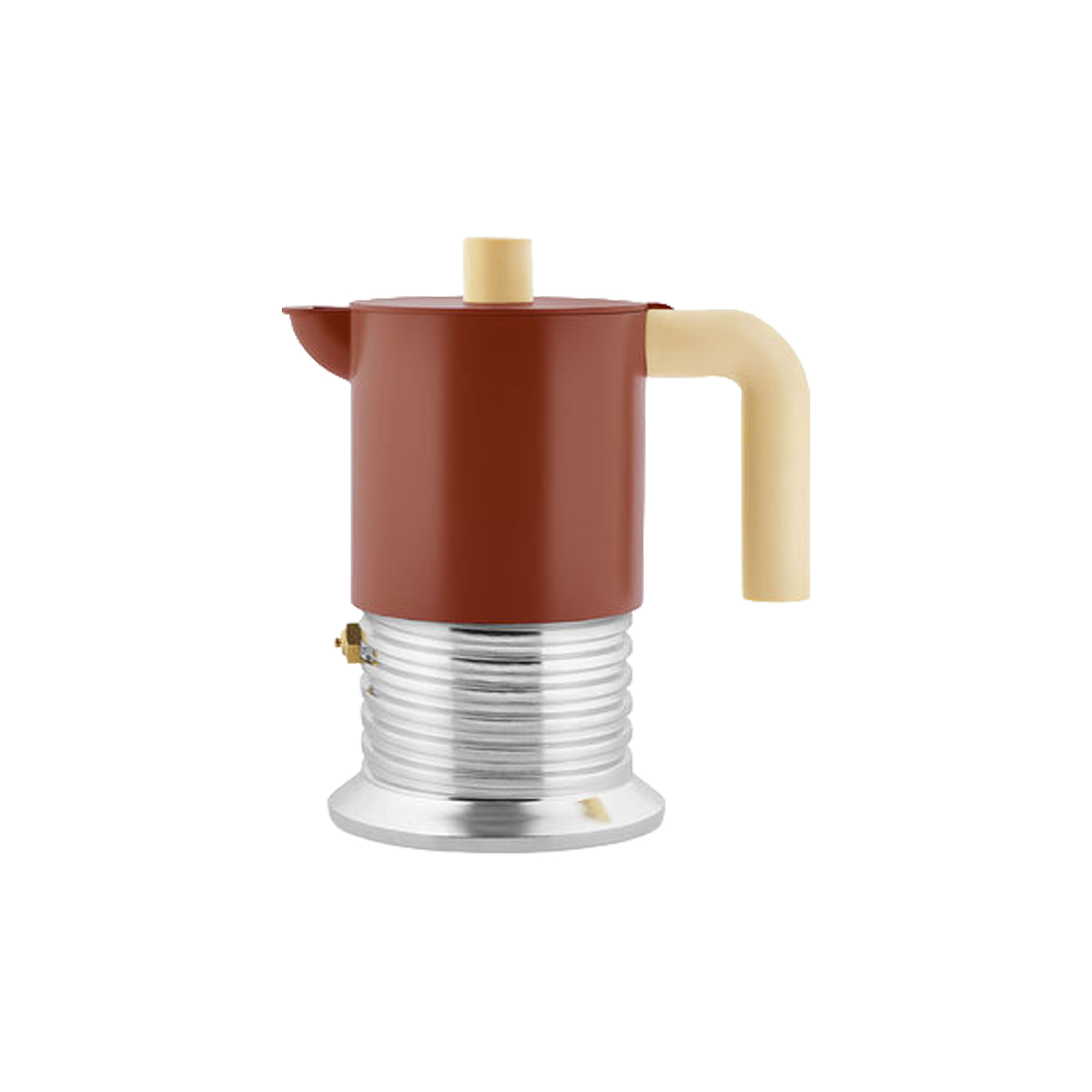 Alessi VITE Espressokocher für 3 Tassen in braun von Philippe Malouin vor weißem Hintergrund.
