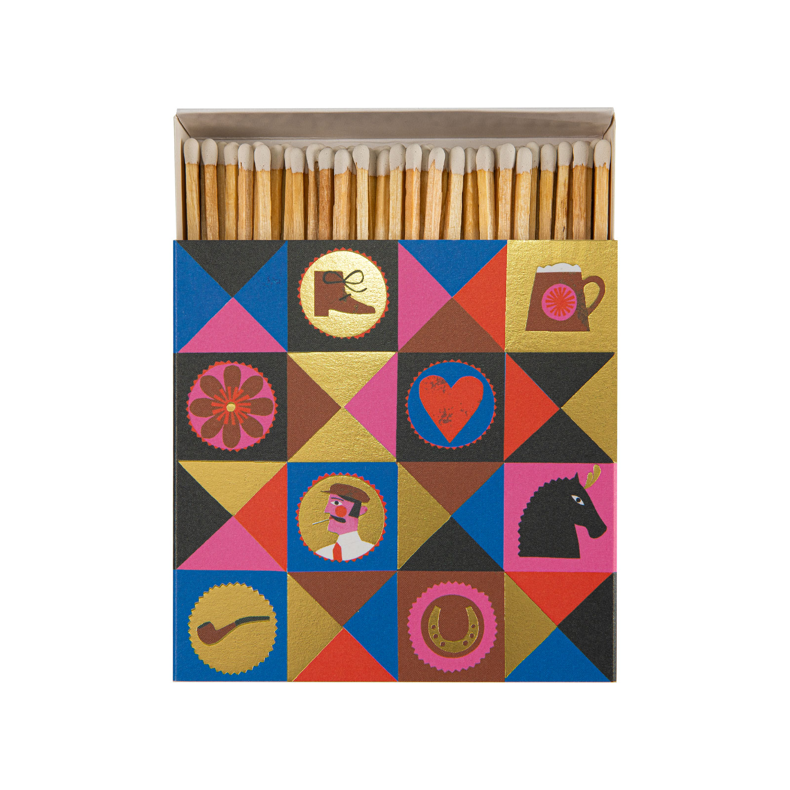 Die Packung der Streichhölzer Colourful Gentleman von Archivist ist bunt mit Goldakzenten. Die Streichholzköpfe sind weiß.