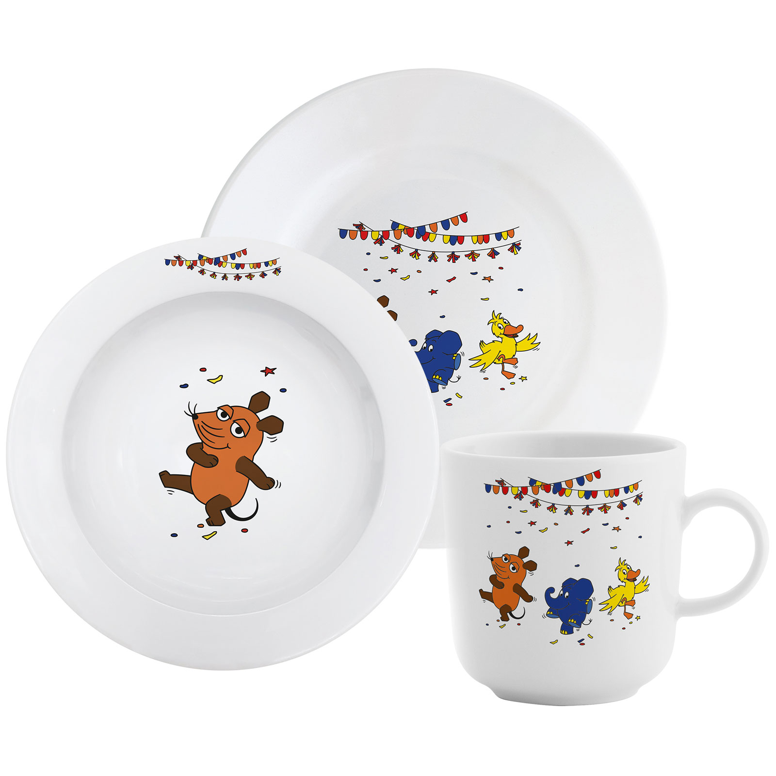 Dsa Set DieMaus Kindergeschirr Party besteht aus einem Henkelbecher, einem Teller und einer Schüssel. Sie sind aus weißem Porzellan und zeigen Motive der Charaktere aus der Sendung mit der Maus, wie sie eine Party feiern.