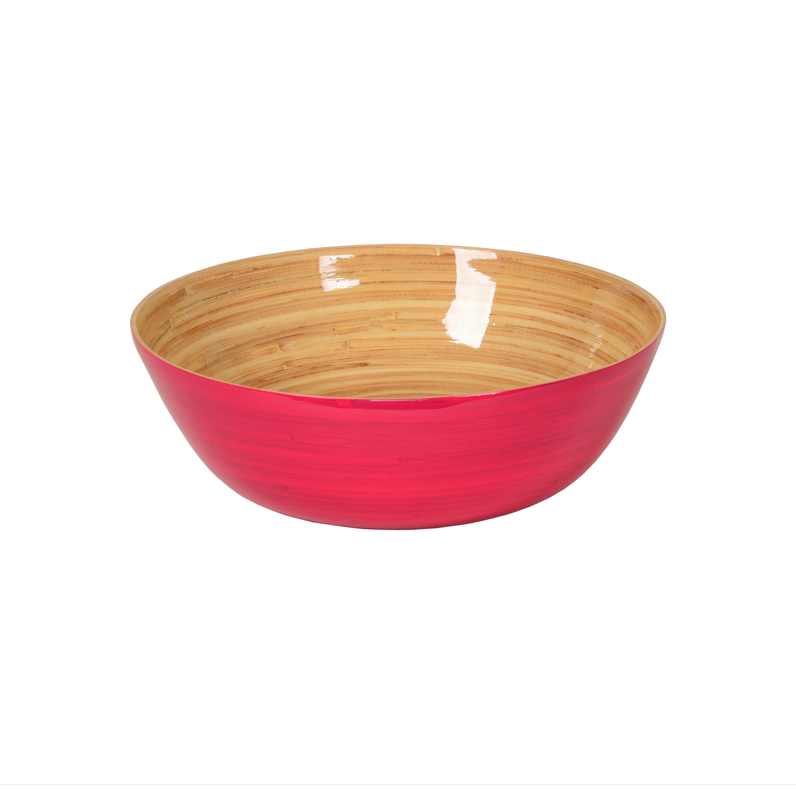 Die glänzend lackierte Bambus-Schüssel flach 30cm fuchsia ist außen pink und zeigt innen das schöne Holz.