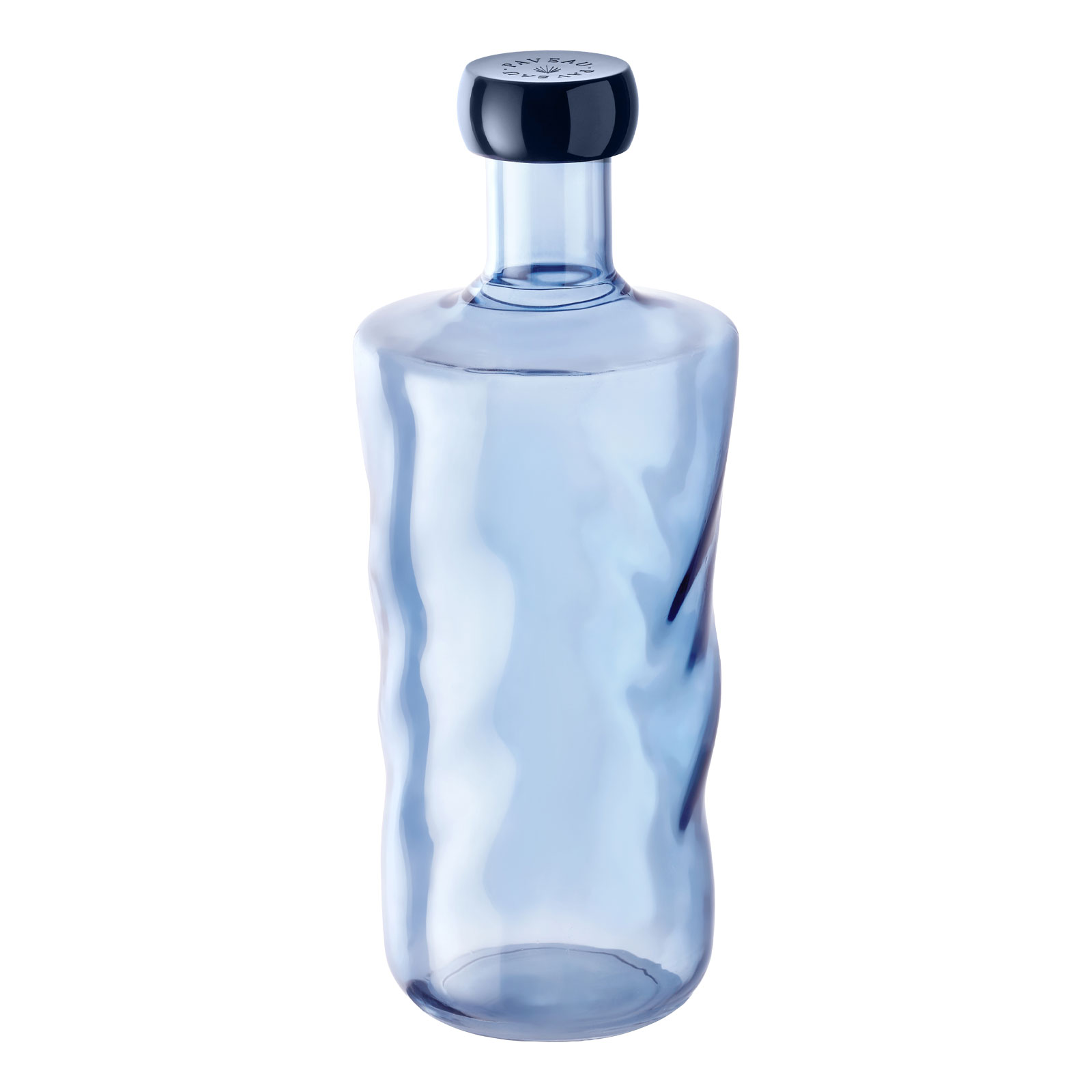 Die Swirl Wasserflasche in Midnight von Paveau ist eine dunkelblaue Glasflasche mit gleichfarbigem Kunststoffdeckel.