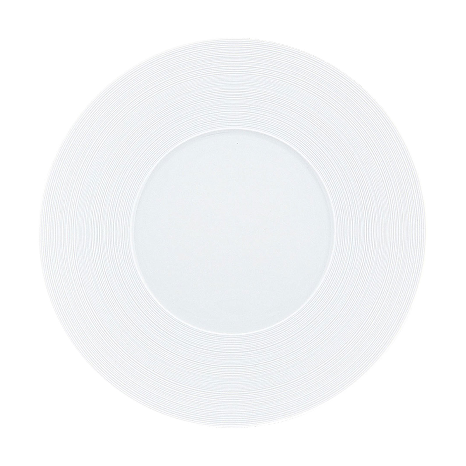 Der Hémisphère Satin white Speiseteller von Coquet ist ein weißer Porzellanteller mit mattem Rillen-Finish auf der Fahne.