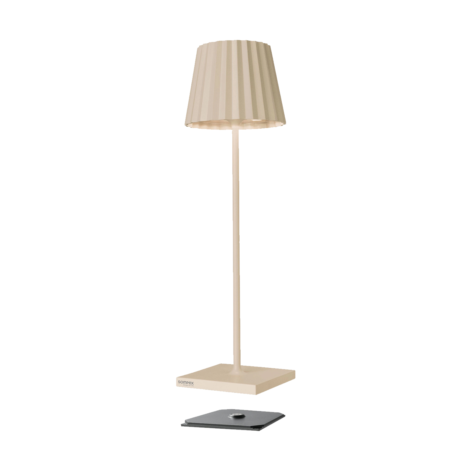 Moderne beige Akku Tischleuchte mit Plissee-Schirm von Sompex für stilvolle Indoor- und Outdoor-Beleuchtung.