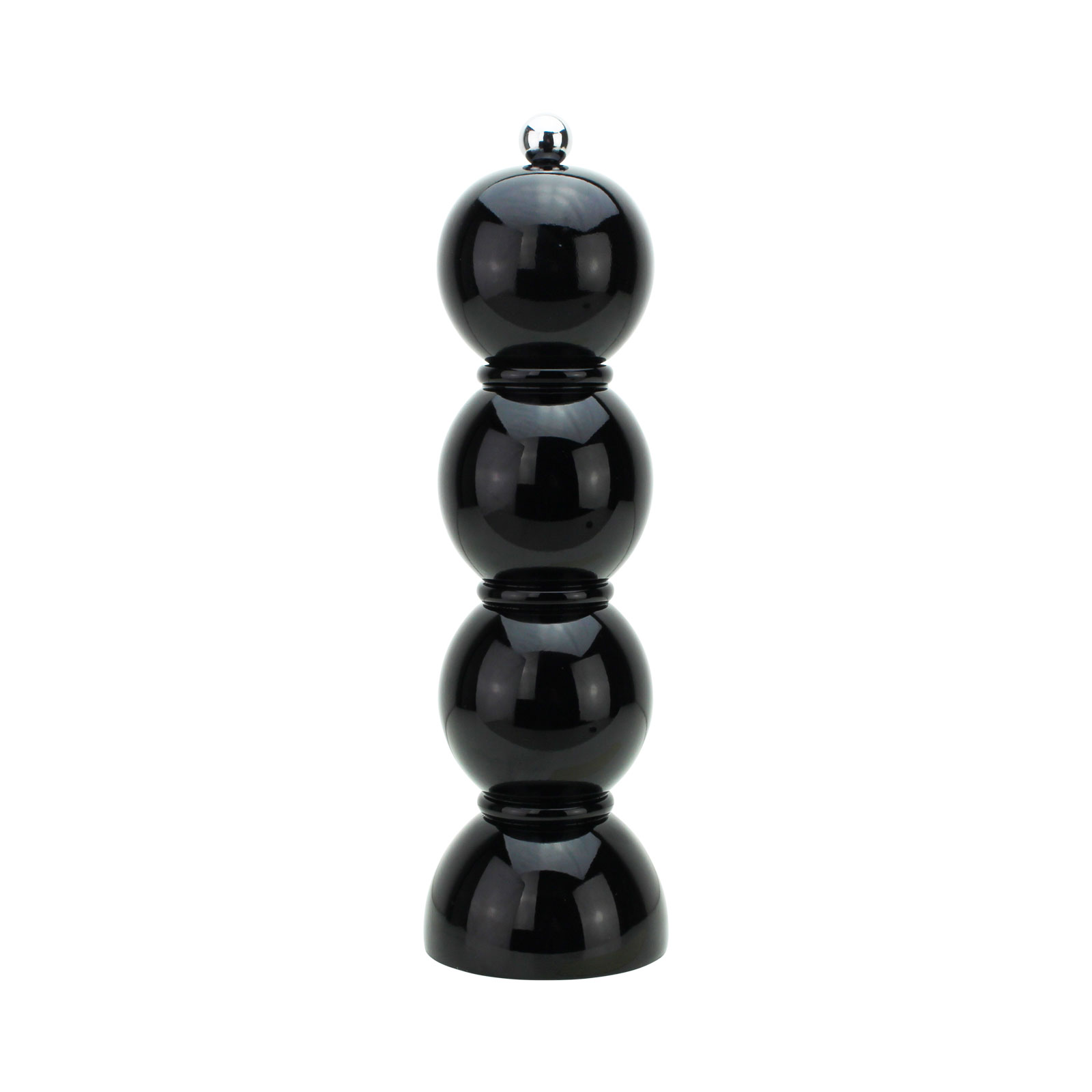 Die Bobbin Salz- und Pfeffermühle 24cm schwarz von Addison Ross ist geformt aus drei Kugeln und auf einem halbkugelförmigen Fuß. Diese bestehen aus lackiertem Holz. Obendrauf befindet sich ein kugelförmiger Edelstahlknopf.