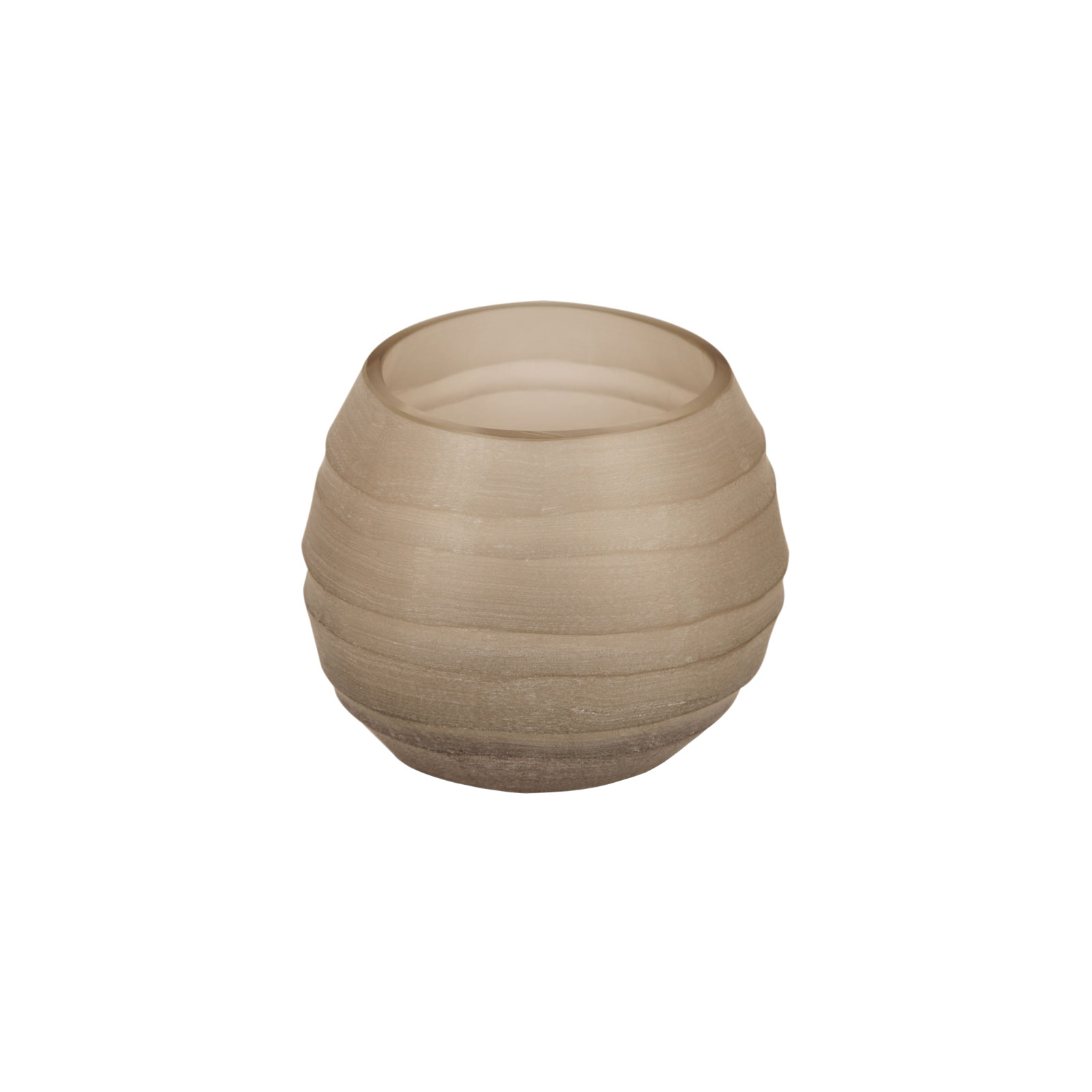 Die Belly Vase/Teelicht smokegrey von Guaxs ist ein Windlicht aus rauchgrauem Glas. Auf der handgeschliffenen Oberfläche befinden sich horizontale Rippen.