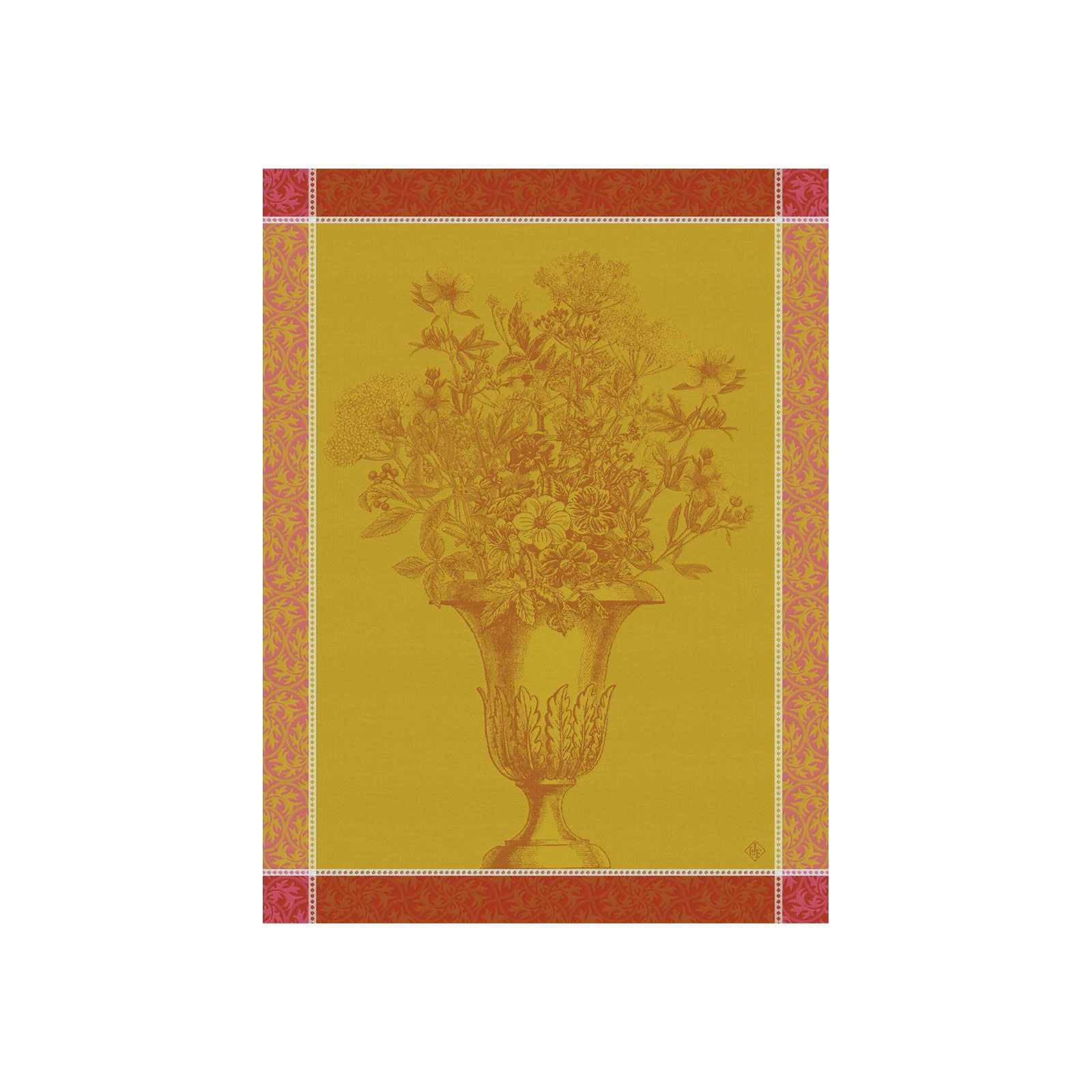 Das Geschirrtuch Floraison Uni von Le Jacquard Francais besteht aus Damast in Rot und Gelbgrün. Das eingewebte Bild zeigt einen BLumenstrauß in einer Vase.