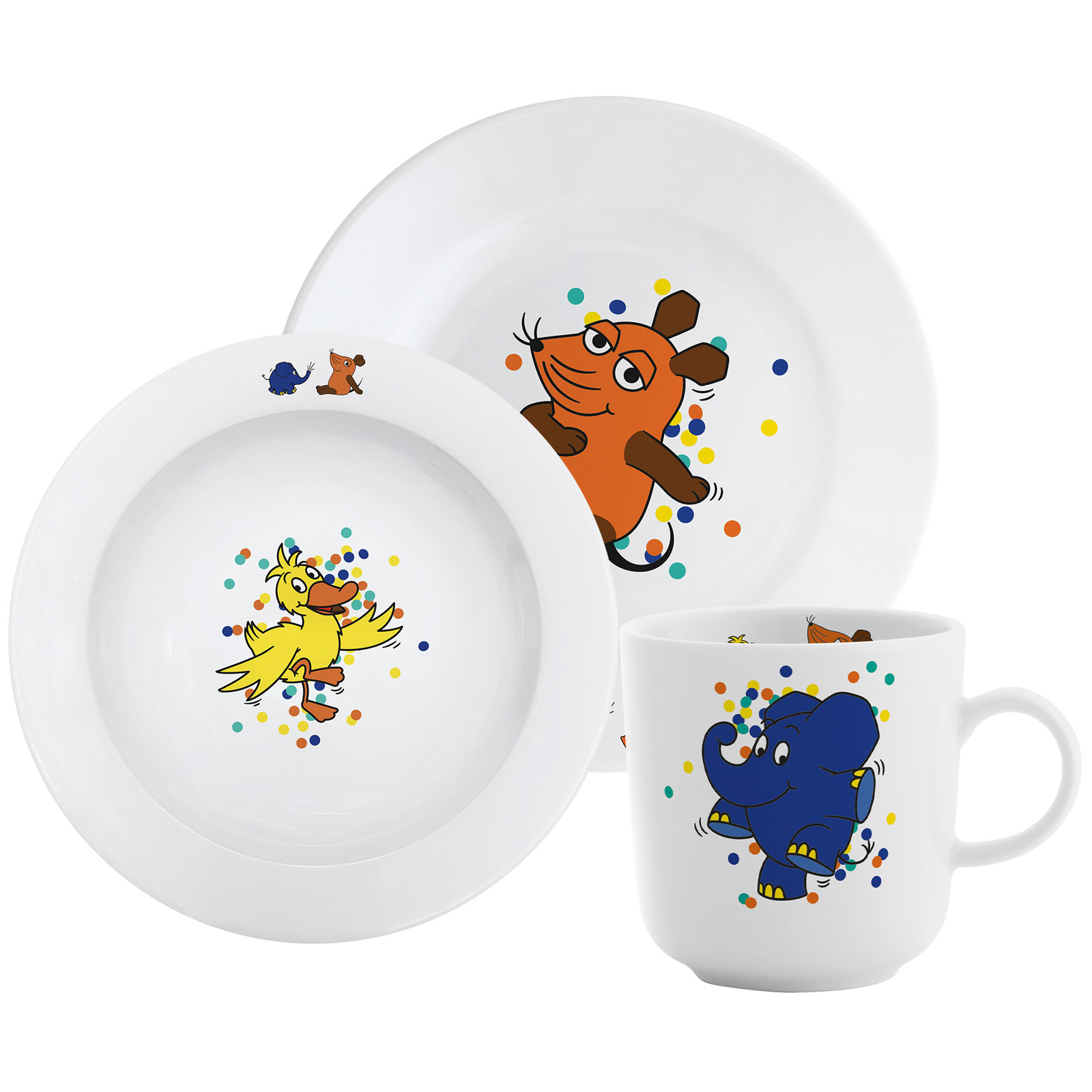 Das Set DieMaus Kindergeschirr Konfetti besteht aus einer Tasse, einem Teller und einer Schüssel. Alle Teile bestehen aus weißem Porzellan und zeigen die Charaktere der Sendung mit der Maus, wie sie feiern.