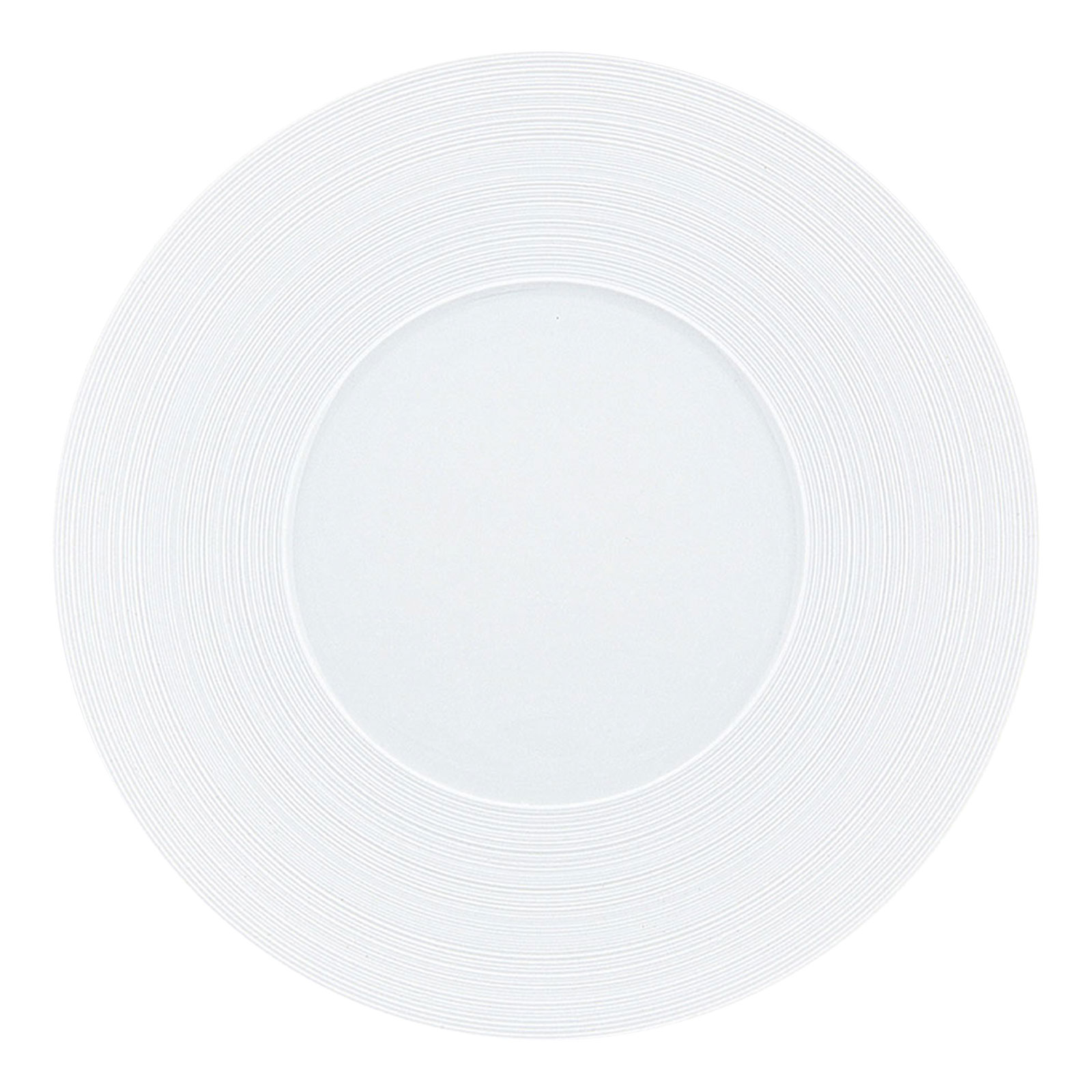 Der Hémisphère Satin white Platzteller von Coquet besteht aus weißem Porzellan und hat ein mattes Rillen-Finish auf der Fahne.
