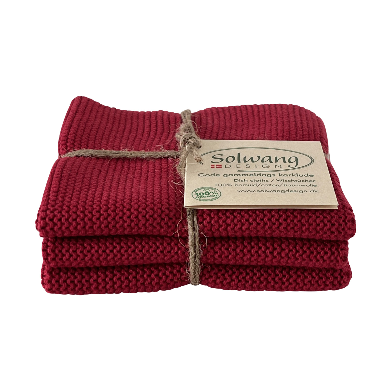 Das Solwang Wischtücher Set in tiefrot besteht aus drei gestrickten Waschlappen in einem intensiven roten Farbton.