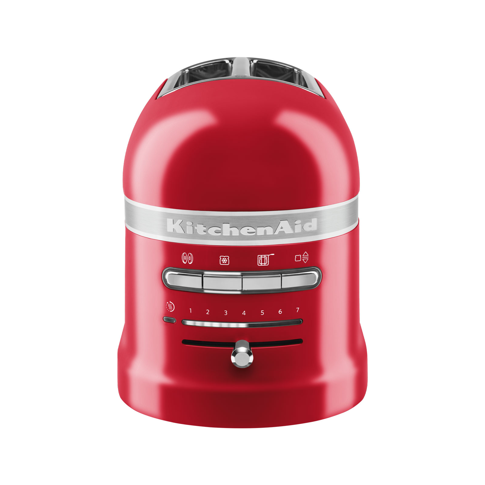 Frontansicht der Knöpfe und des Reglers für die Bedienung des Artisan Toasters von KitchenAid.