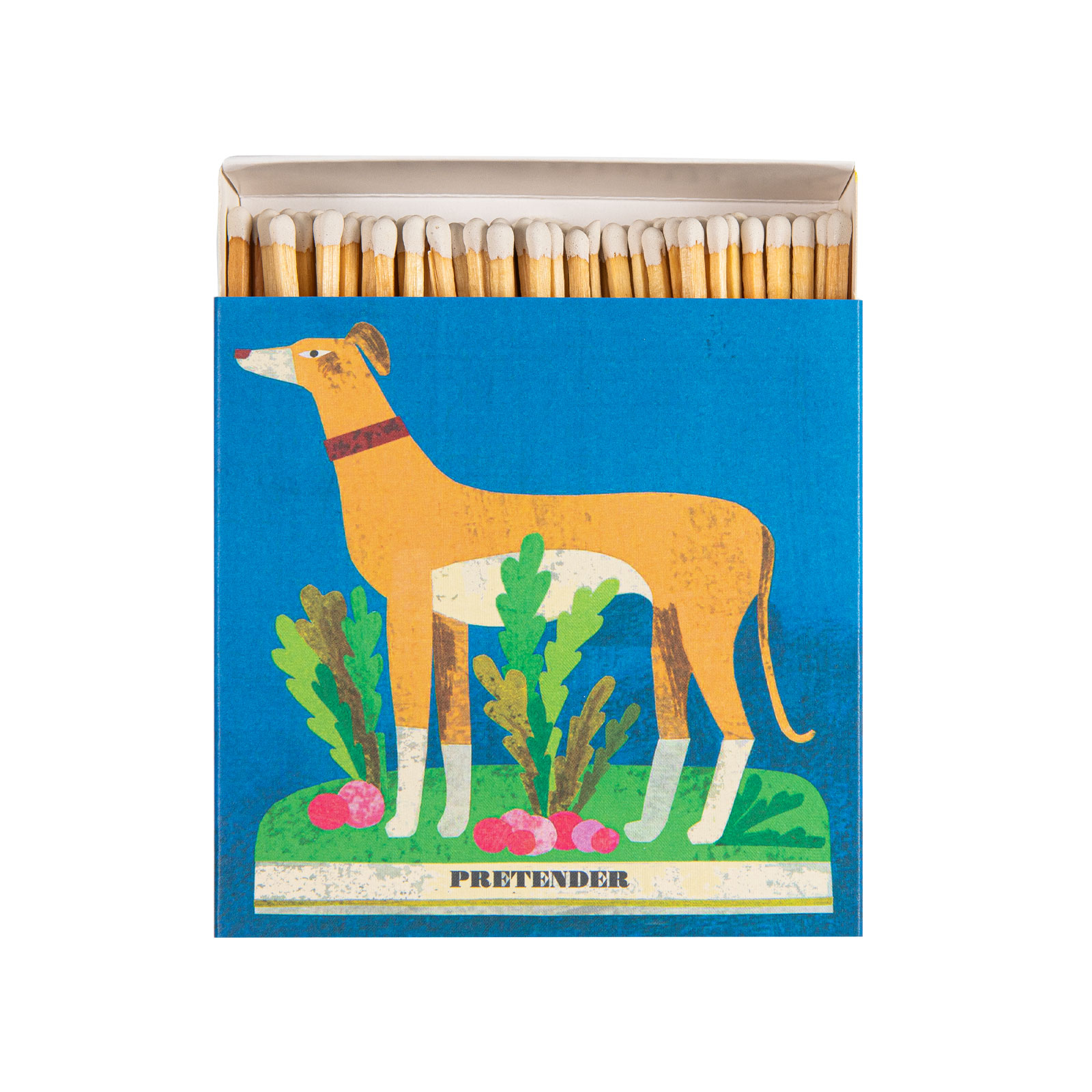 Auf der Packung der Streichhölzer Whippet and Radishes von Archivist ist vor blauem Hintergrund ein Windhund abgebiltet. Die Streichholzköpfe sind weiß.