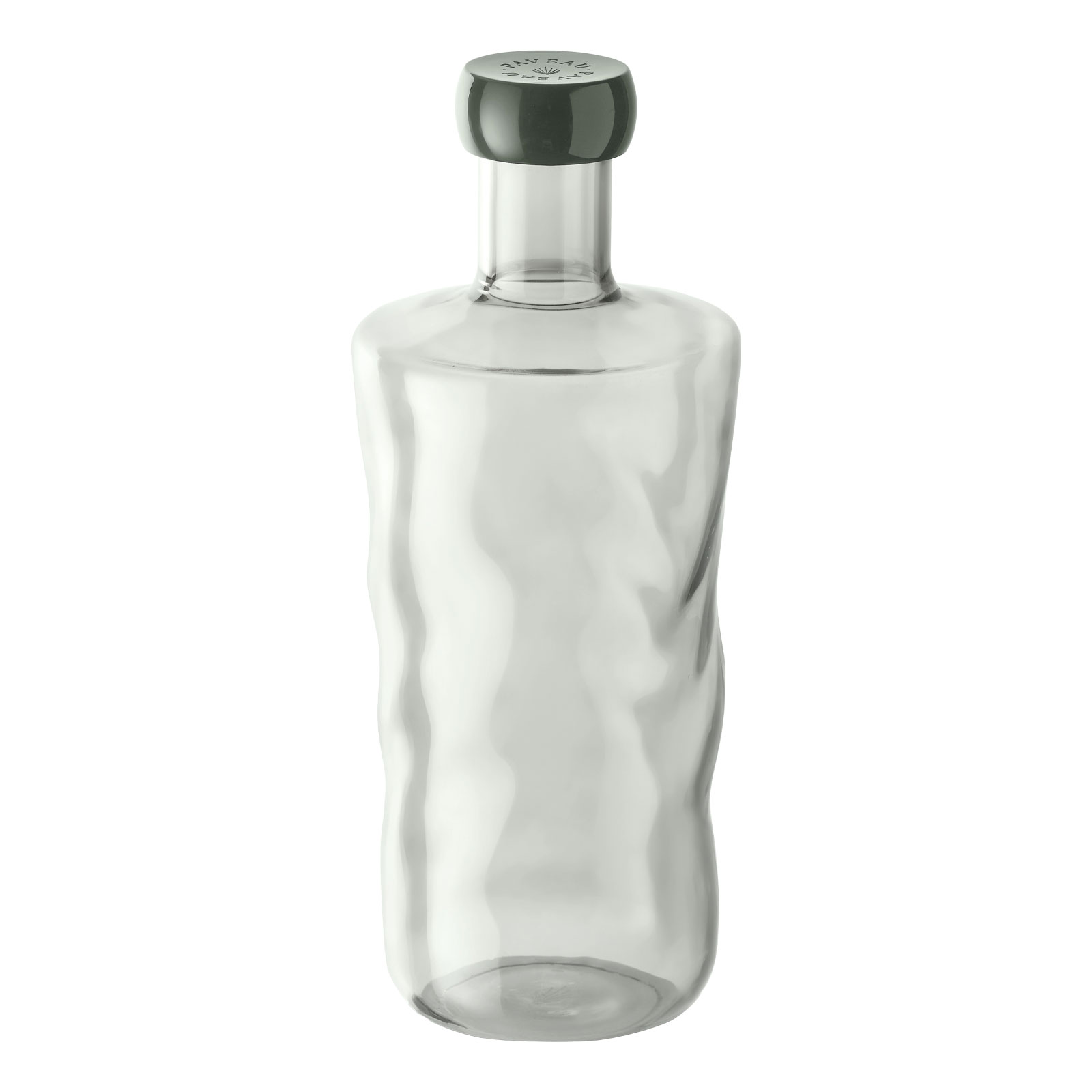 Die Swirl Wasserflasche in Mist von Paveau ist eine rauchgraue Glasflasche mit gleichfarbigem Kunststoffdeckel.
