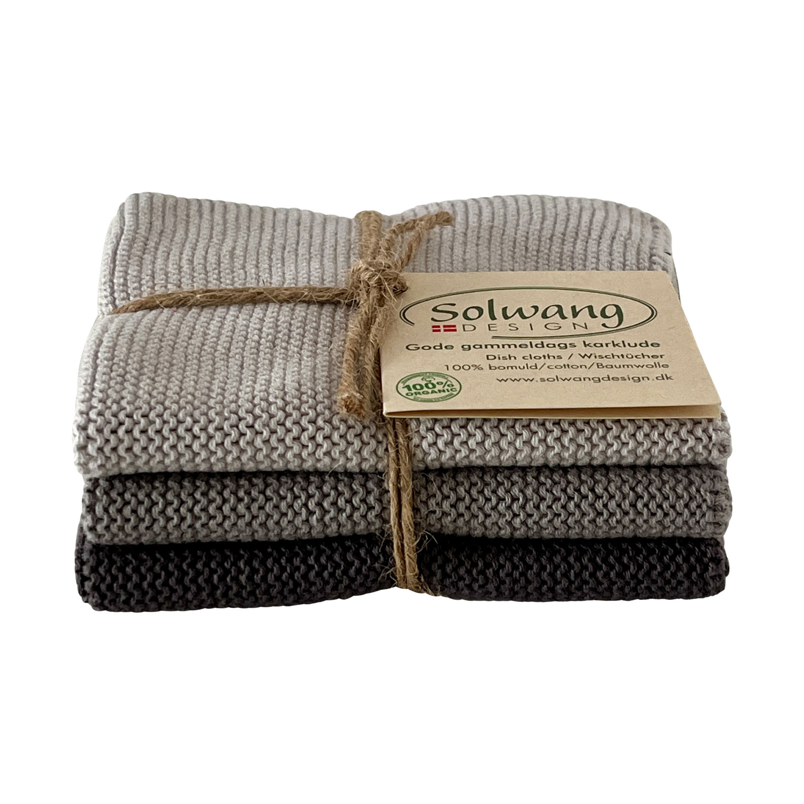 Das Solwang Wischtücher Set in stahlgrau besteht aus drei gestrickten Waschlappen in Grautönen.