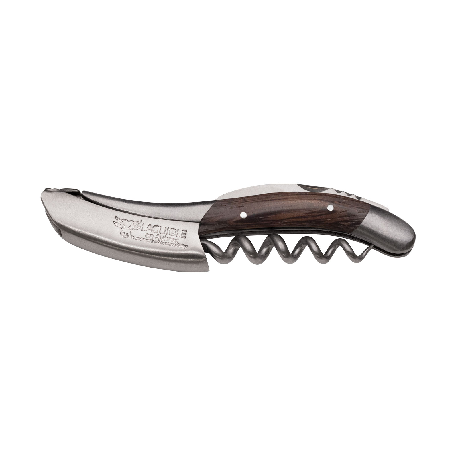 Das Sommeliermesser Wenge von Laguiole en Aubrac besteht aus mehreren Edelstahlelementen und hat Griffschalen aus dunkelbraunem Holz.