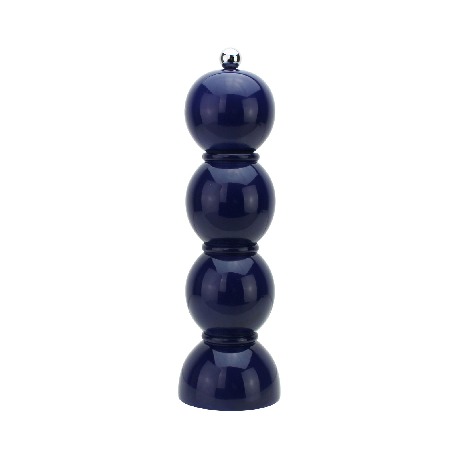 Die Bobbin Salz- und Pfeffermühle 24cm marineblau von Addison Ross ist geformt aus drei Kugeln und auf einem halbkugelförmigen Fuß. Diese bestehen aus lackiertem Holz. Obendrauf befindet sich ein kugelförmiger Edelstahlknopf.