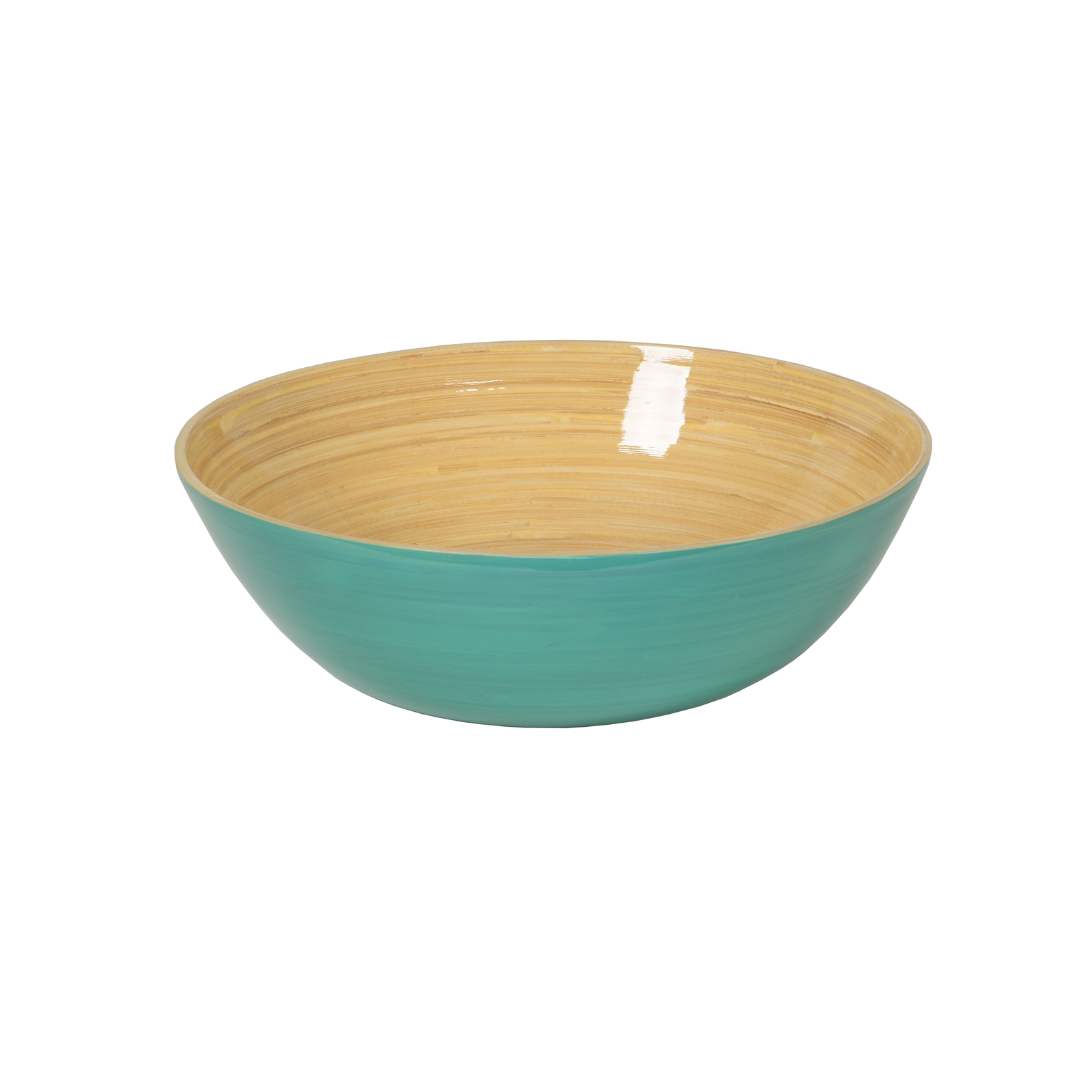 Die glänzend lackierte Bambus-Schüssel flach 30cm hellblau ist außen blau und zeigt innen das schöne Holz.