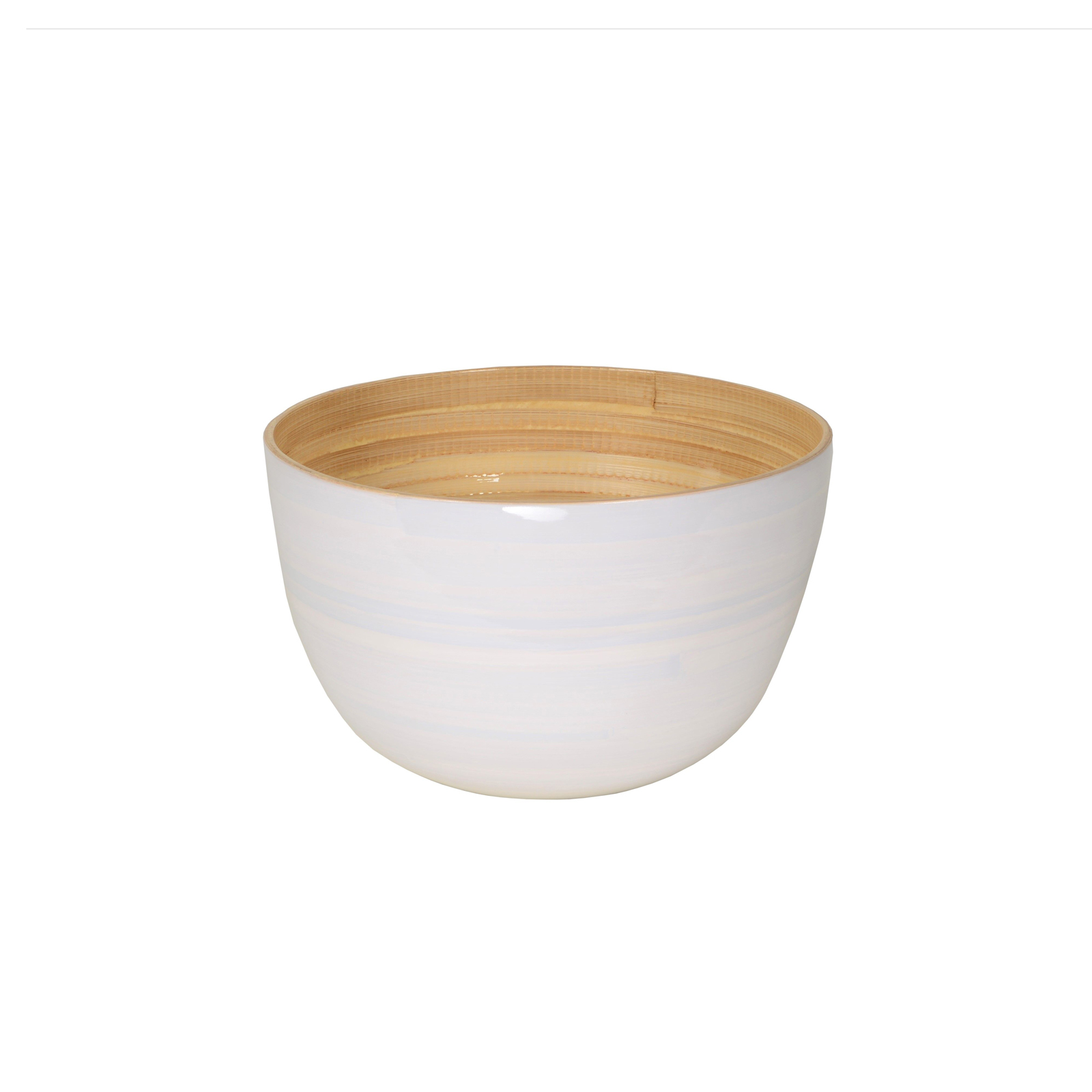 Die glänzend lackierte Bambus-Schüssel 22cm weiß ist außen weiß und zeigt innen das schöne Holz.