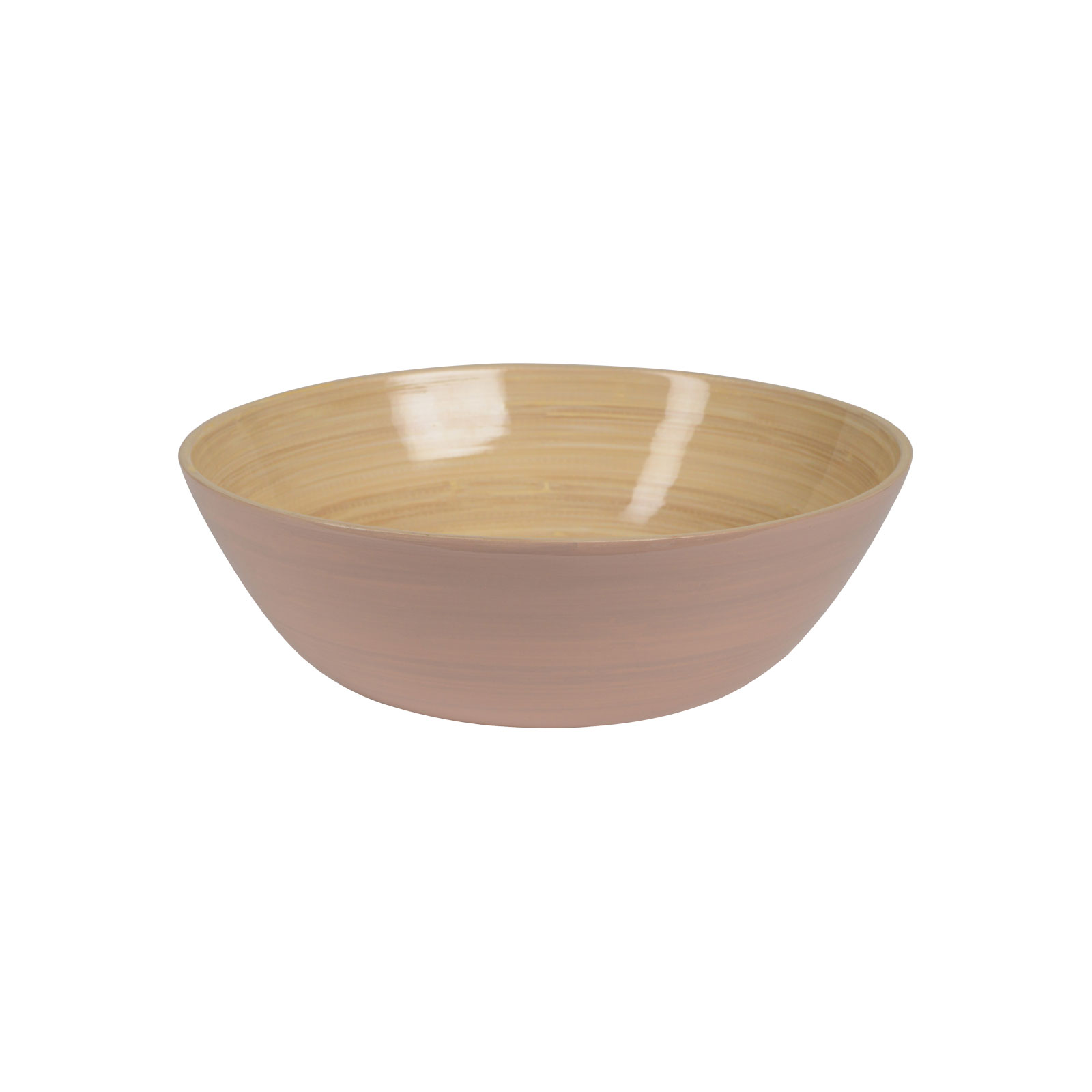 Die glänzend lackierte Bambus-Schüssel flach 30cm puder ist außen puderrosa und zeigt innen das schöne Holz.