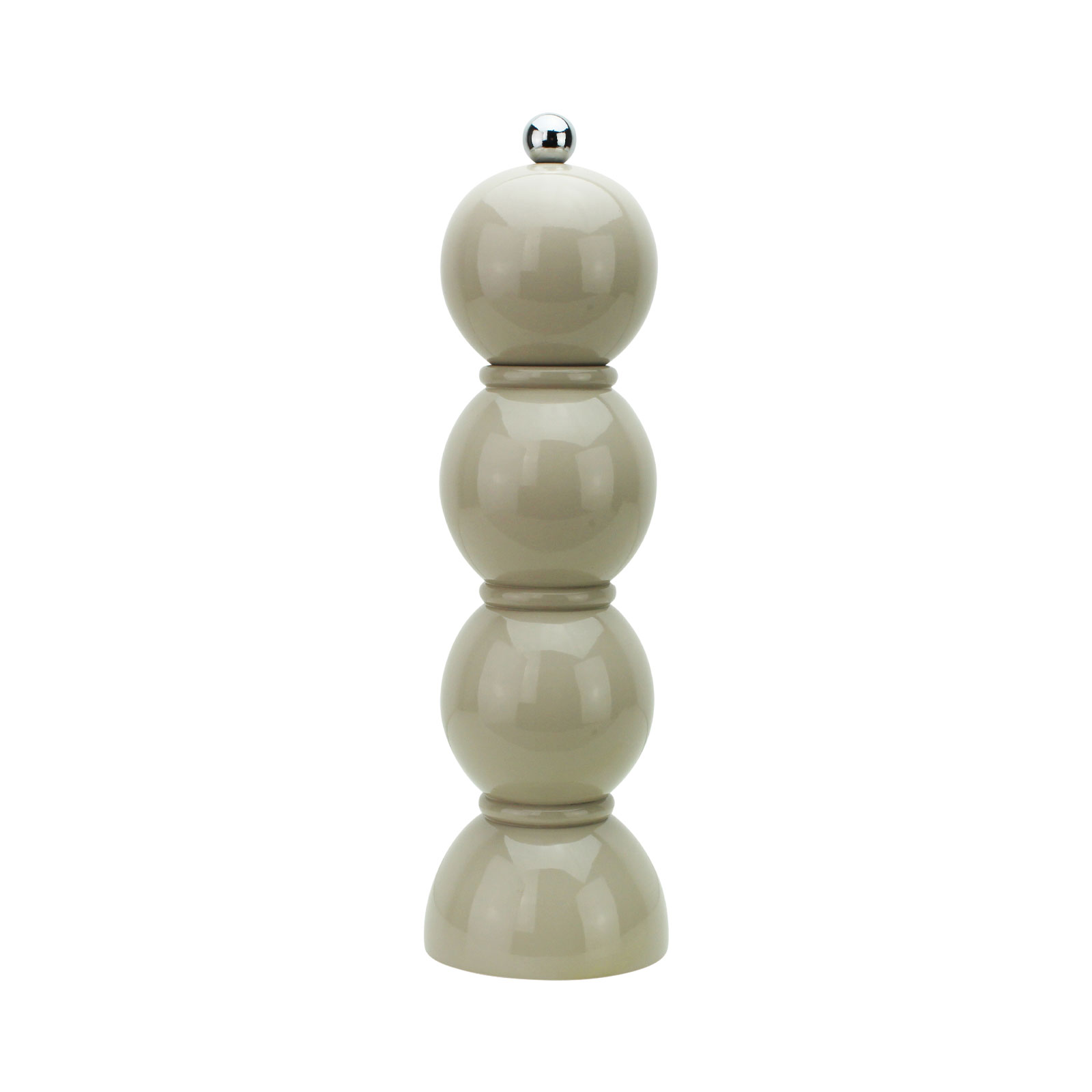 Die Bobbin Salz- und Pfeffermühle 24cm cappuccino von Addison Ross ist geformt aus drei Kugeln und auf einem halbkugelförmigen Fuß. Diese bestehen aus lackiertem Holz. Obendrauf befindet sich ein kugelförmiger Edelstahlknopf.