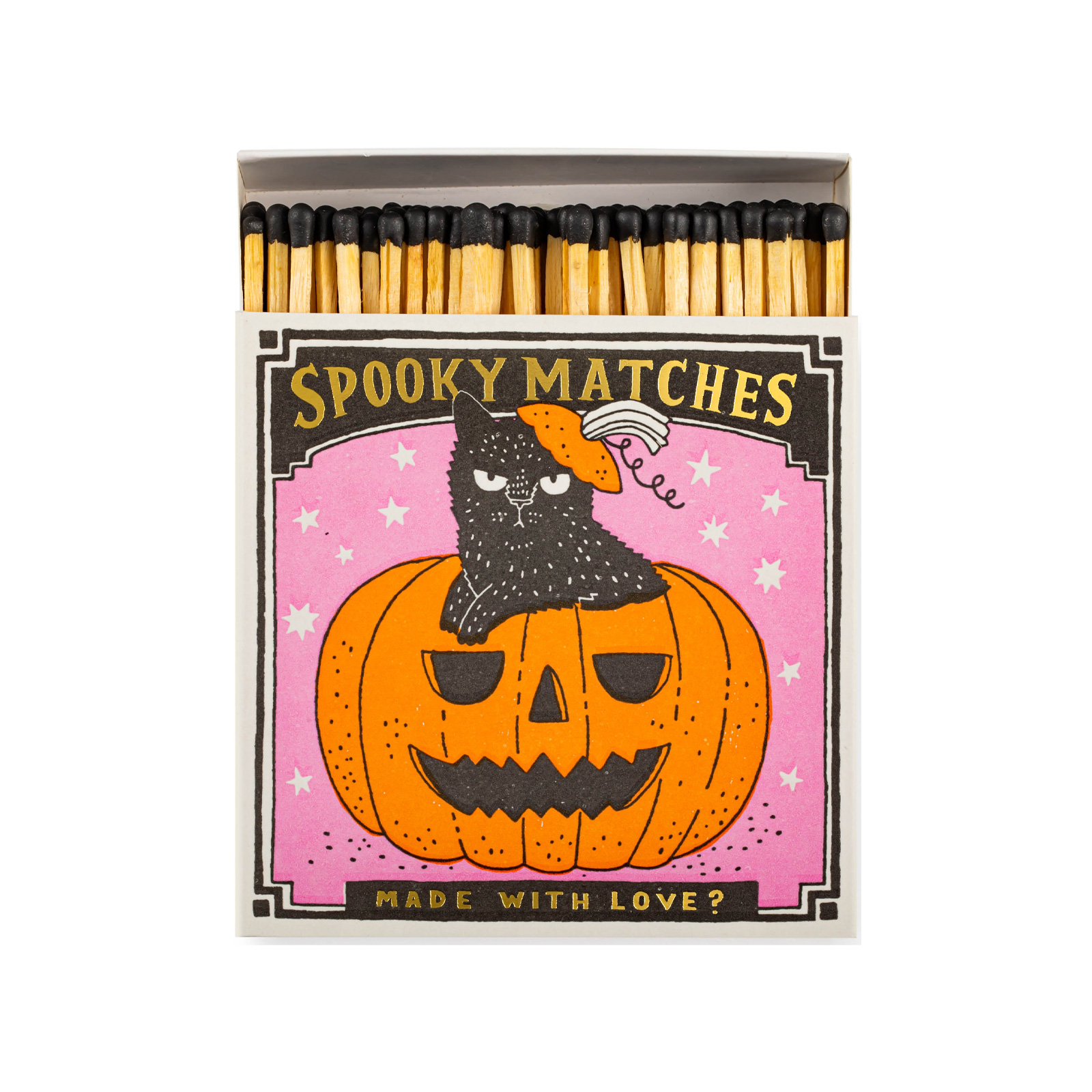 Geöffnete Halloween-Streichholzschachtel von Archivist mit schwarzer Katze auf Kürbis – Streichhölzer sichtbar.