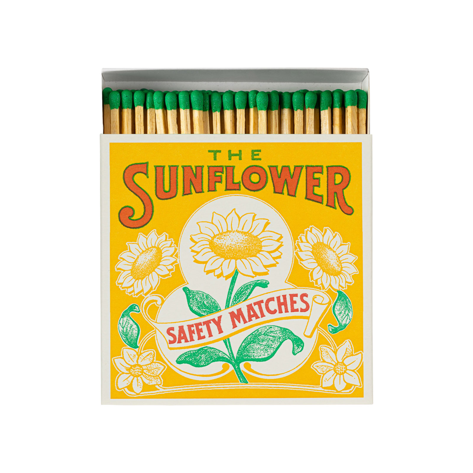 Auf der Packung der Streichhölzer Sunflower von Archivist ist im Stil eines Vintage-Posters eine Sonnenblume abgebildet. Die leicht geöffnete Packung zeigt grüne Streichholzköpfe.