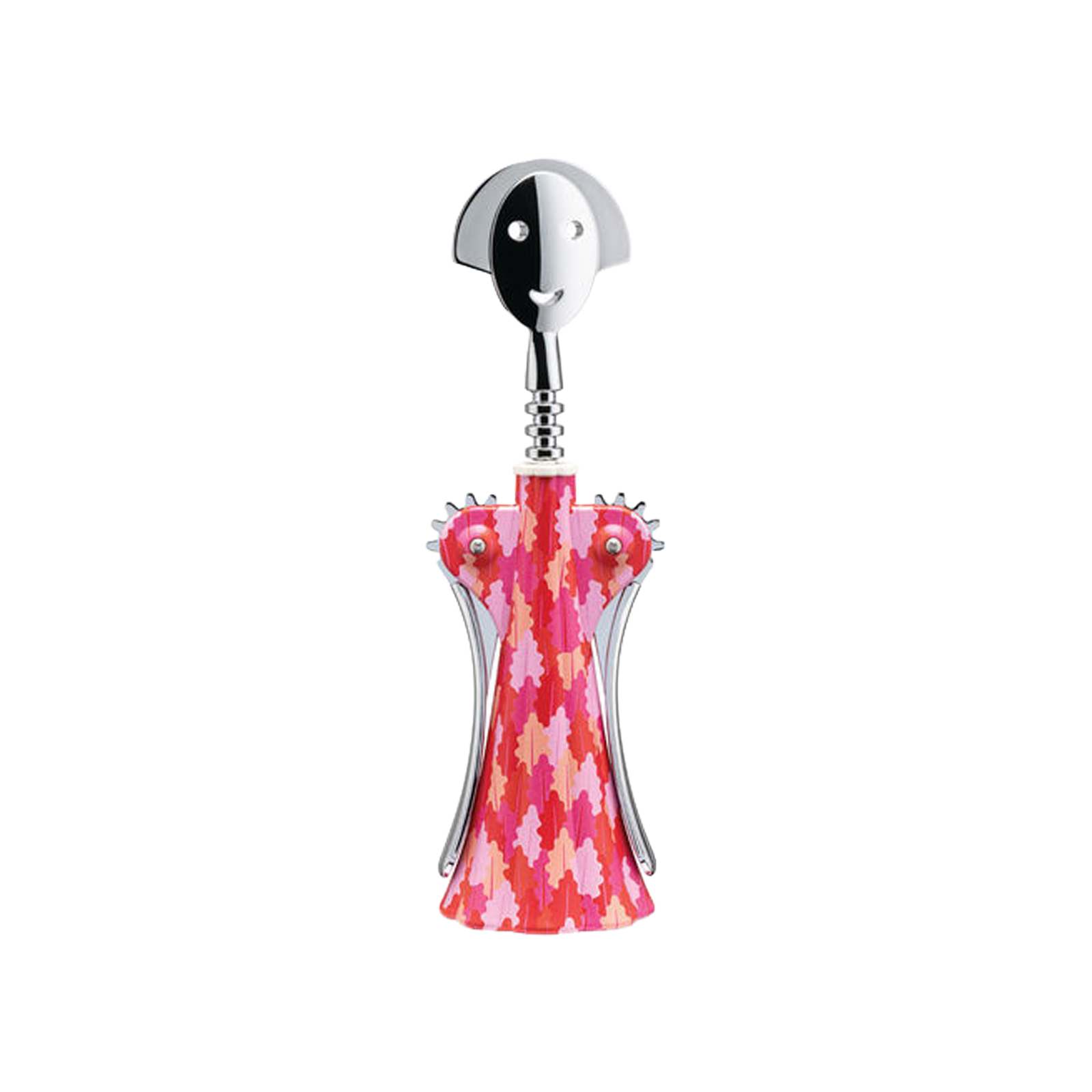 Alessi Anna G. Korkenzieher in Rosa-, Pinktönen von Alessandro Mendini vor weißem Hintergrund.