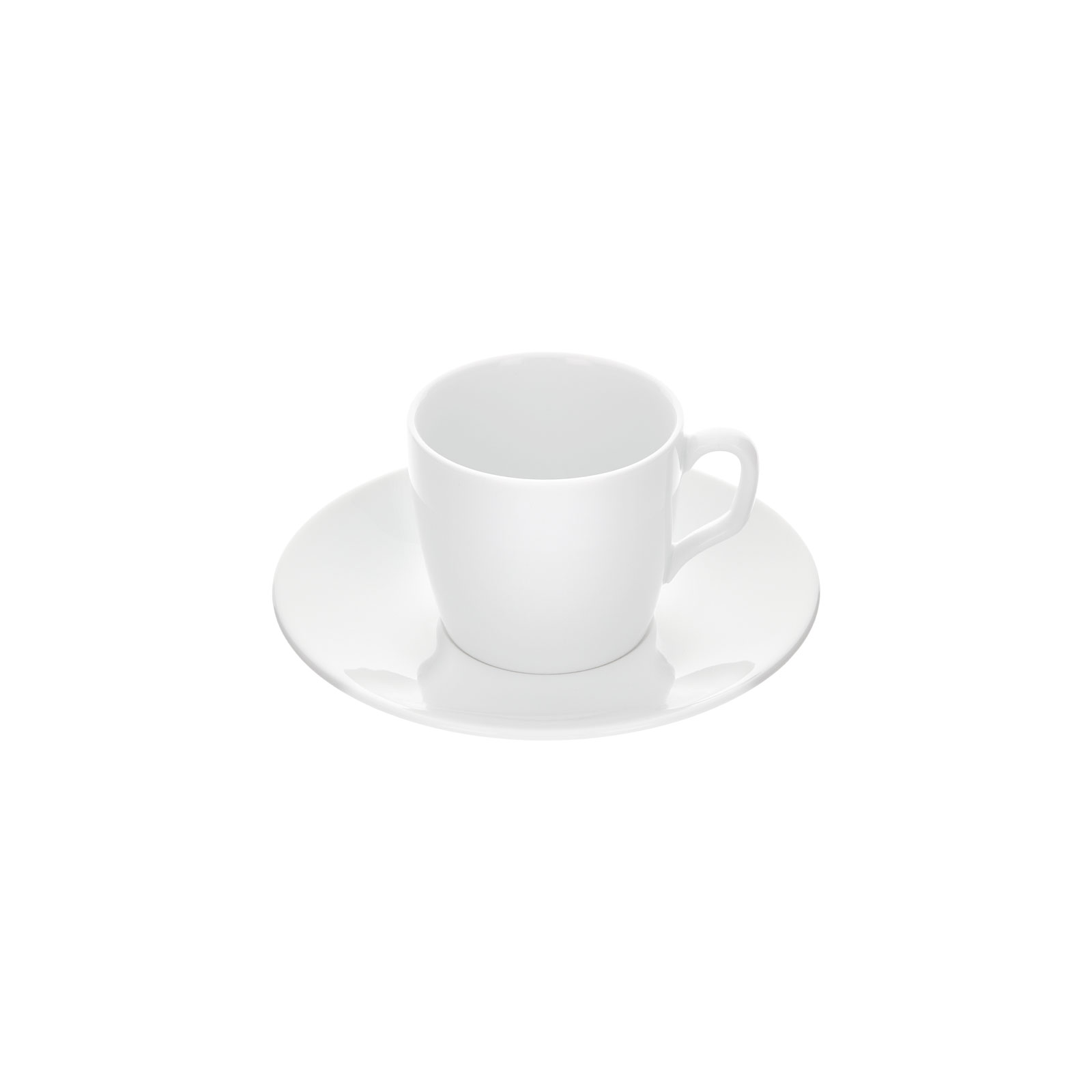 Die Cosmopolitan weiß Espressotasse mit Untertasse ist eine kleine Tasse aus weißem Porzellan mit einer passenden Untertasse.