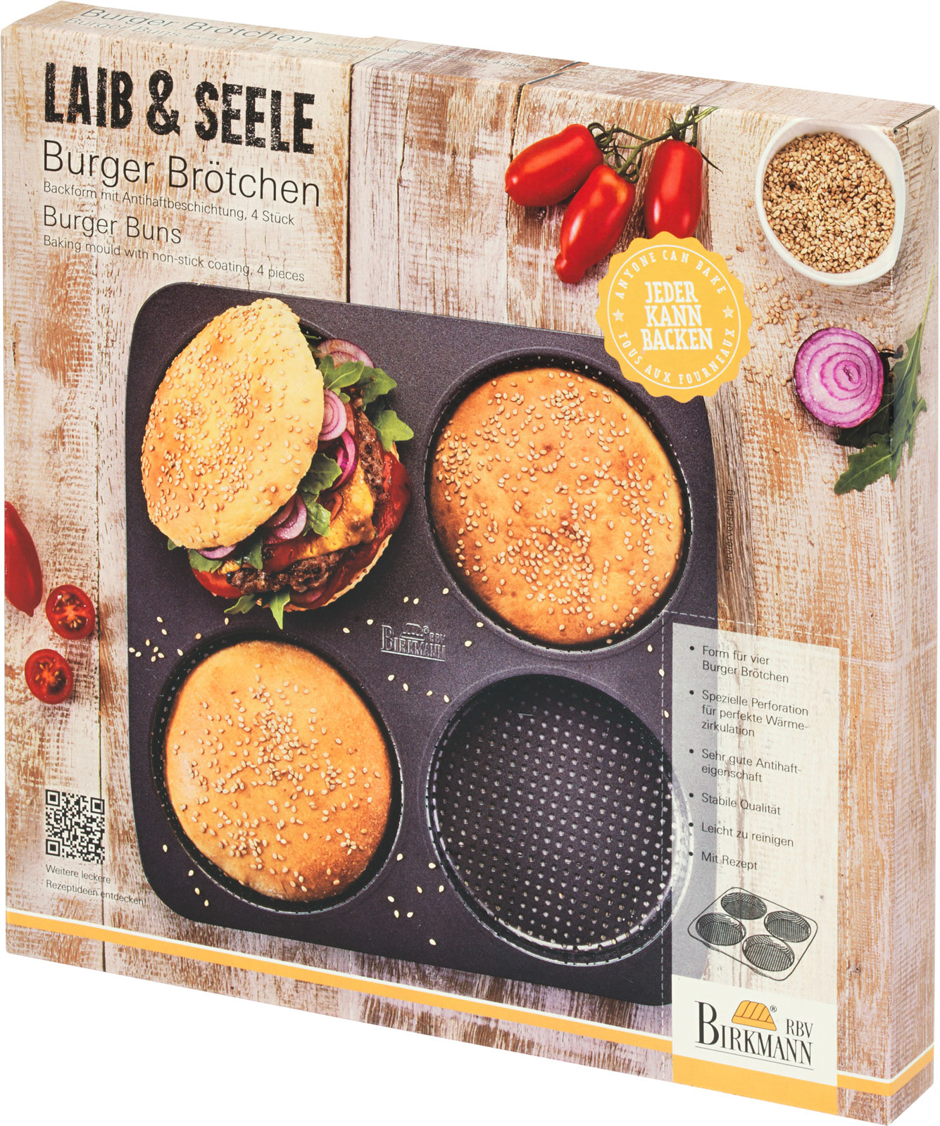 RBV Birkmann Laib & Seele Burger Brötchen 4-fach 28x28x2,8cm