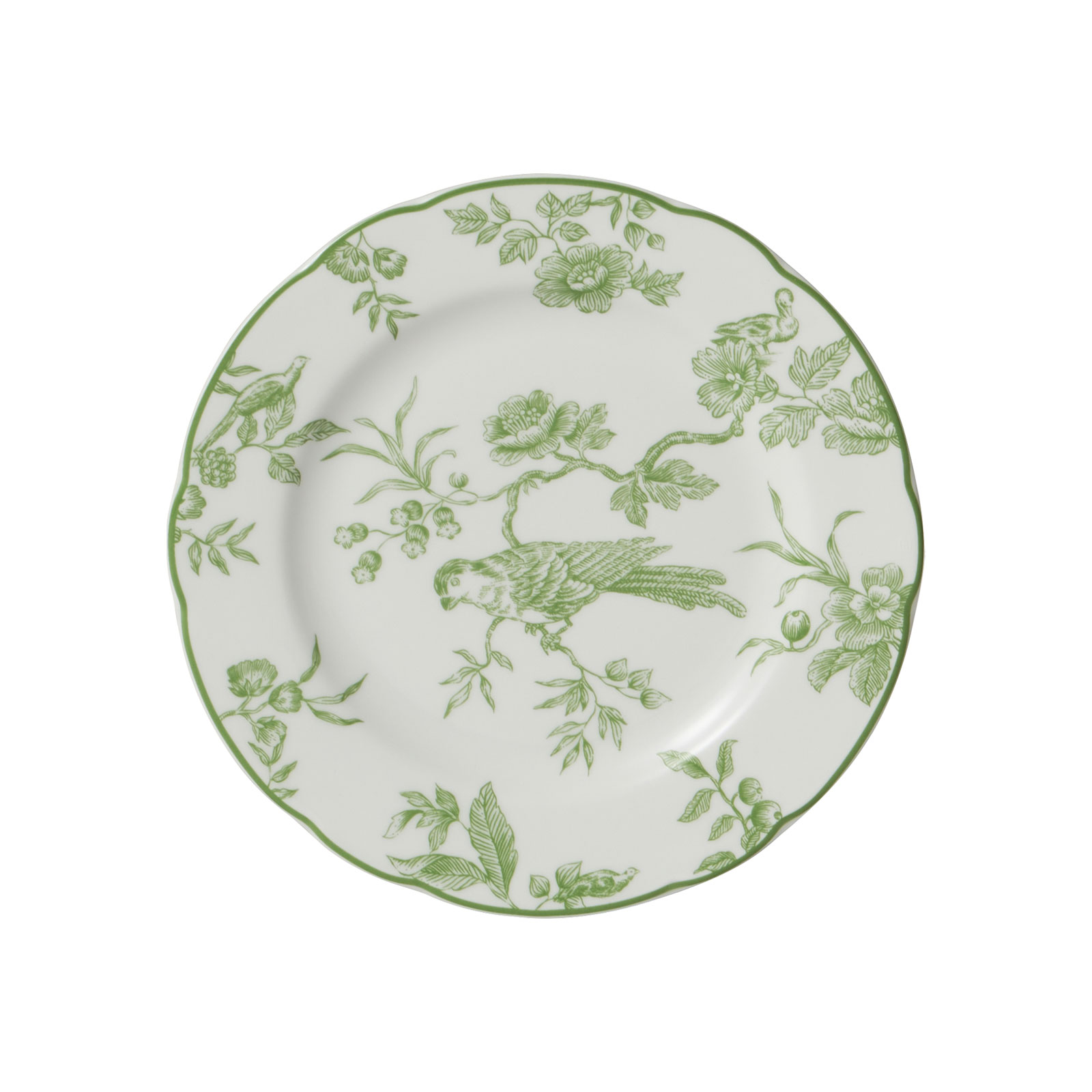 Der Albertine Brotteller von Bernardaud ist ein weißer Porzellanteller mit einem grünen Rand und grünem Toile-de-Juoy Muster.