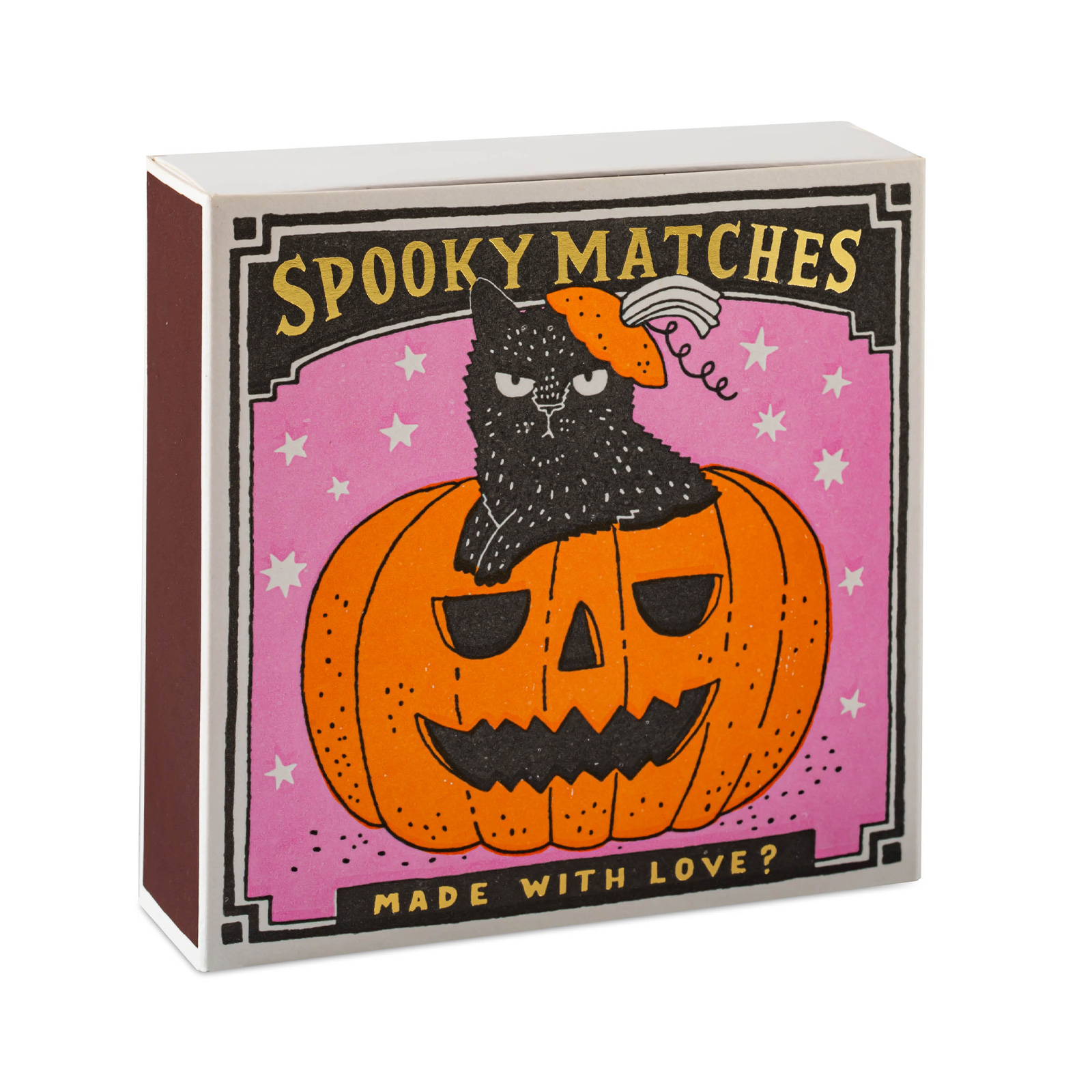 Vorderseite der Archivist Spooky Matches mit pinkem Hintergrund, Kürbis und schwarzer Katze.