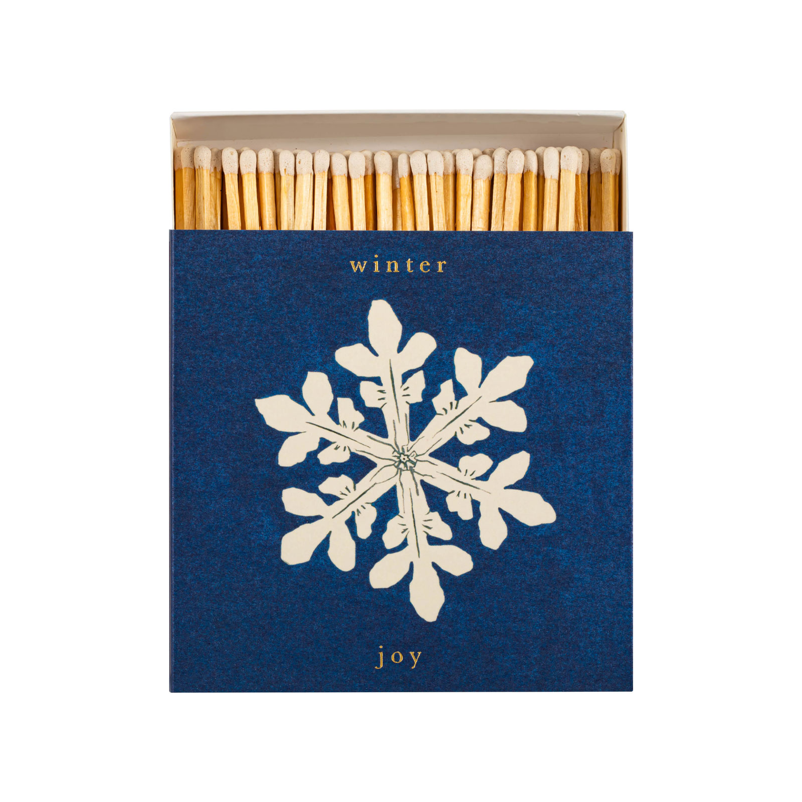 Die geöffnete Schachtel der Streichhölzer Winter Joy von Archivist zeigt ein Schneeflockenmotiv und weiße Streichholzköpfe.