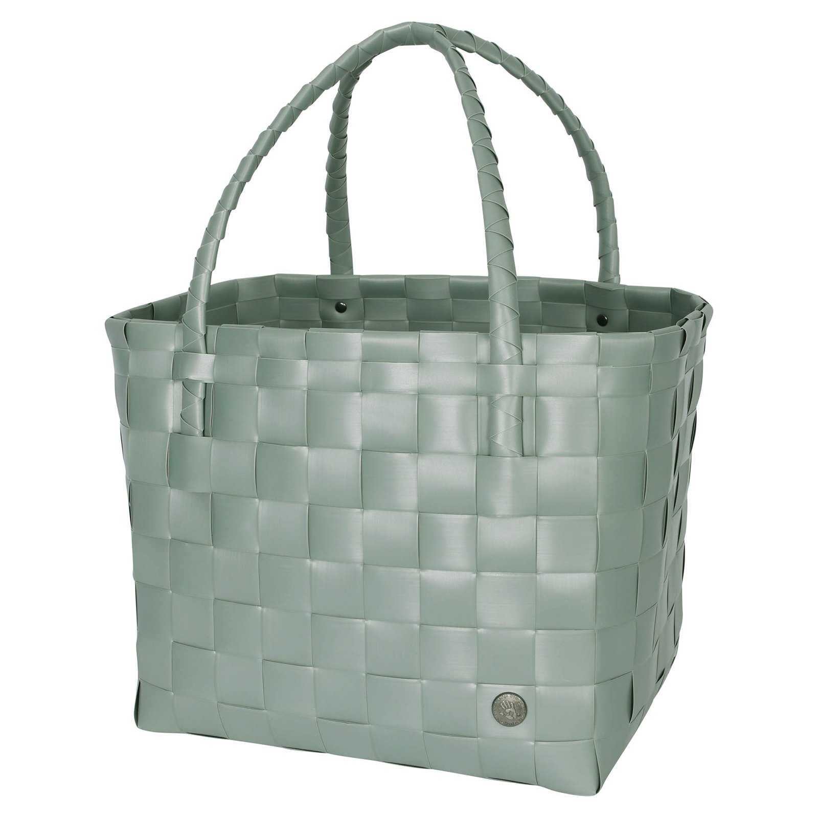 Der Paris Shopper in sage green ist ein Einkaufskorb geflochten aus recyceltem Kunststoff in einem pastellgrünen Farbton.