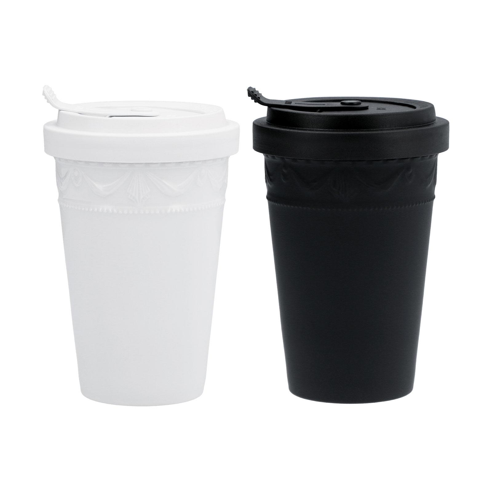 KPM -  Berlin Kurland To-Go Becher Set Black&White mit Deckel & 2 Ledermanschetten