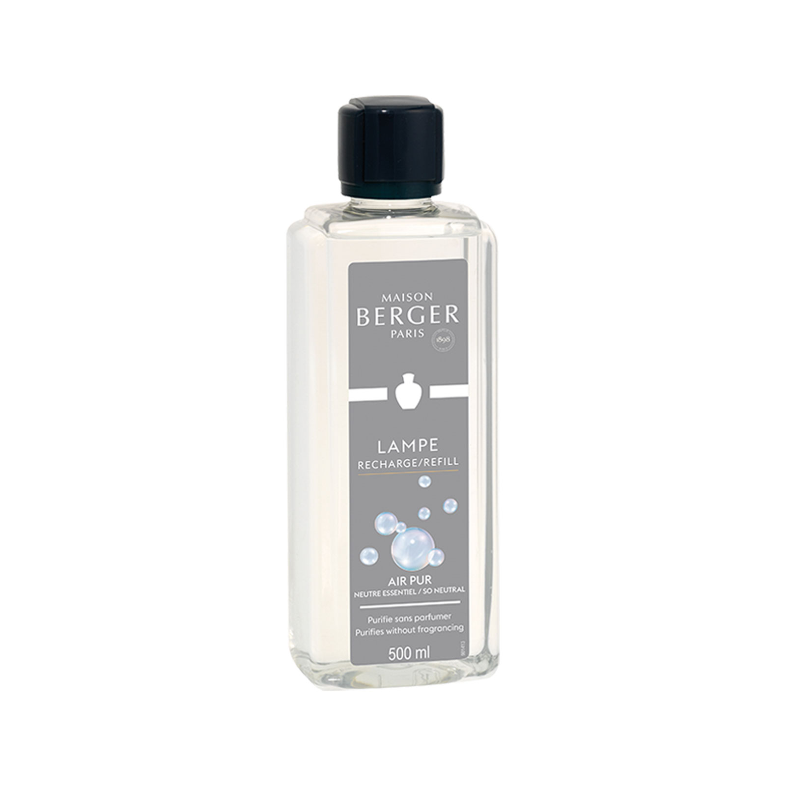 Das Parfum Air Pur für die Maison Berger Duftlampe befindet sich in einer klaren Plastikflasche mit einem dunklen Schraubdeckel.