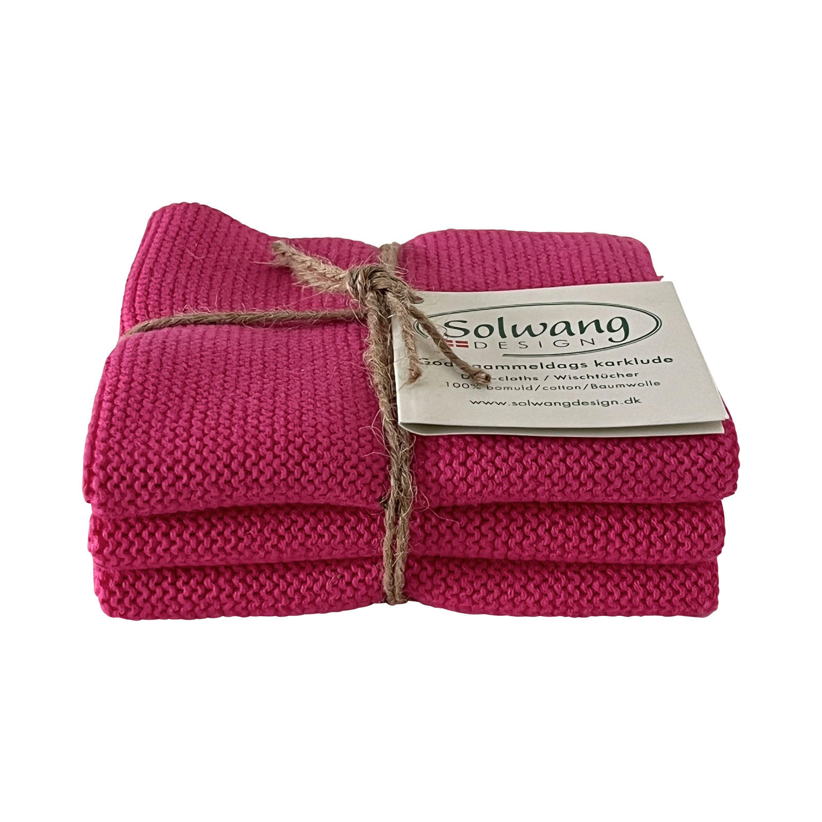 Das Solwang Wishtücher Set in pink besteht aus drei gestrickten Waschlappen in einem intensiven pinken Farbton.