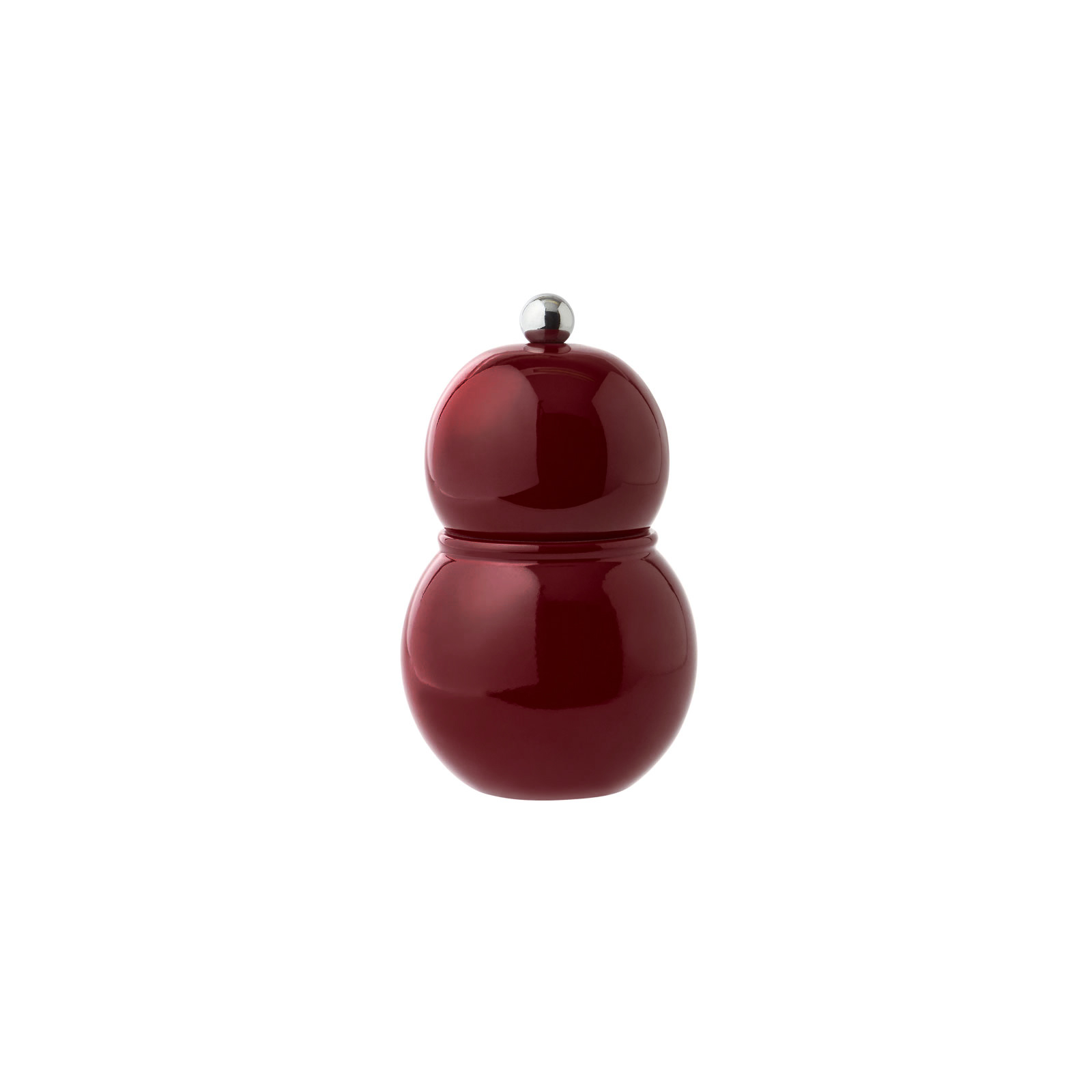 Die Chubbie Salz- und Pfeffermühle 12cm kirsche von Addison Ross ist geformt wie zwei aufeinandergestapelte Kugeln. Sie ist überzogen von spiegelnd glänzendem, rotem Lack.