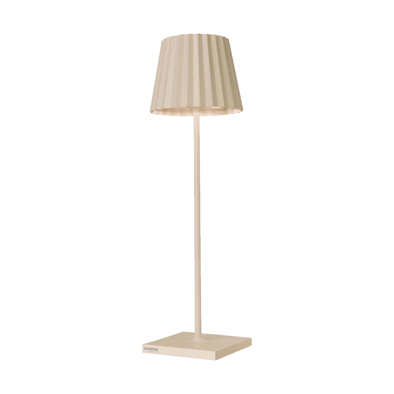 Moderne beige Akku Tischleuchte mit Plissee-Schirm von Sompex für stilvolle Indoor- und Outdoor-Beleuchtung.