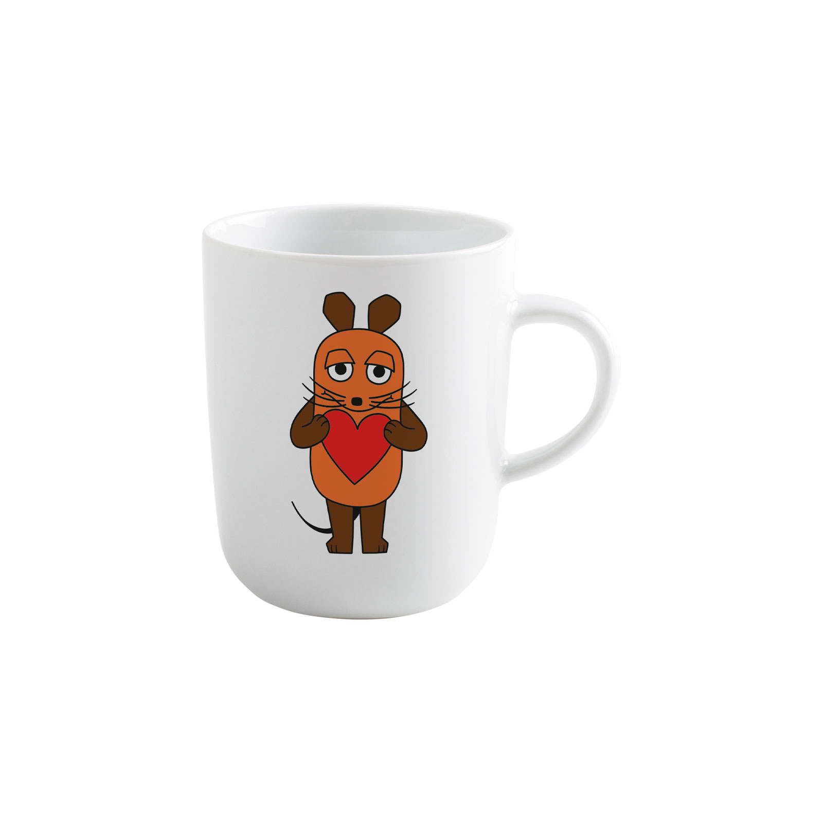 Der DieMaus Becher Herz Maus von Kahla ist ein Henkelbecher aus weißem Porzellan. Darauf abgebildet ist die lächelnde Maus aus der Sendung mit der Maus, die ein rotes Herz hält.