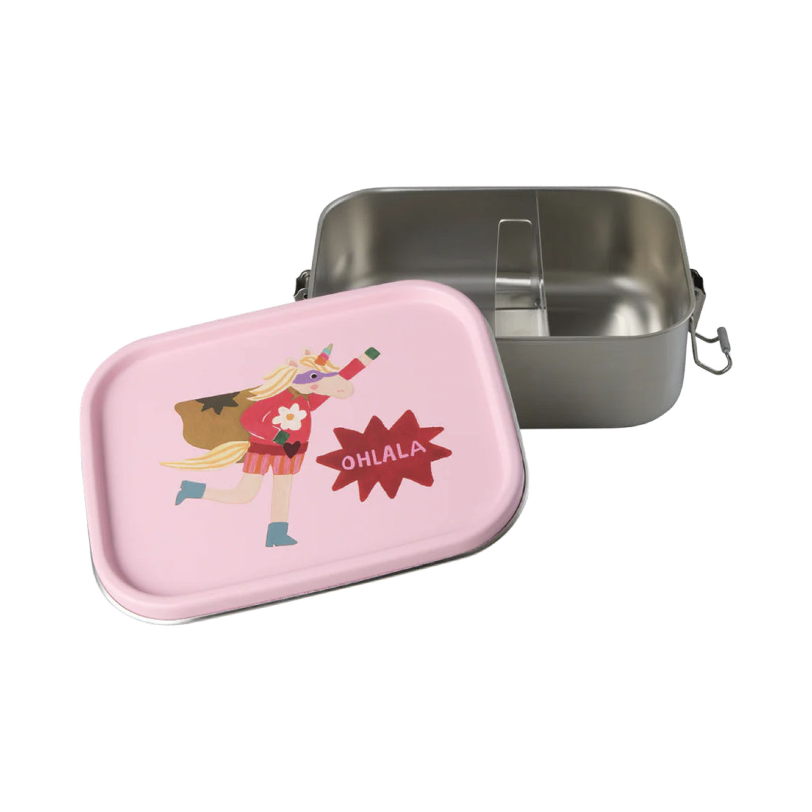 Bei geöffnetem Deckel gibt die Hero Print Brotdose pink den Blick auf eine verschiebbare Trennwand im Inneren frei.