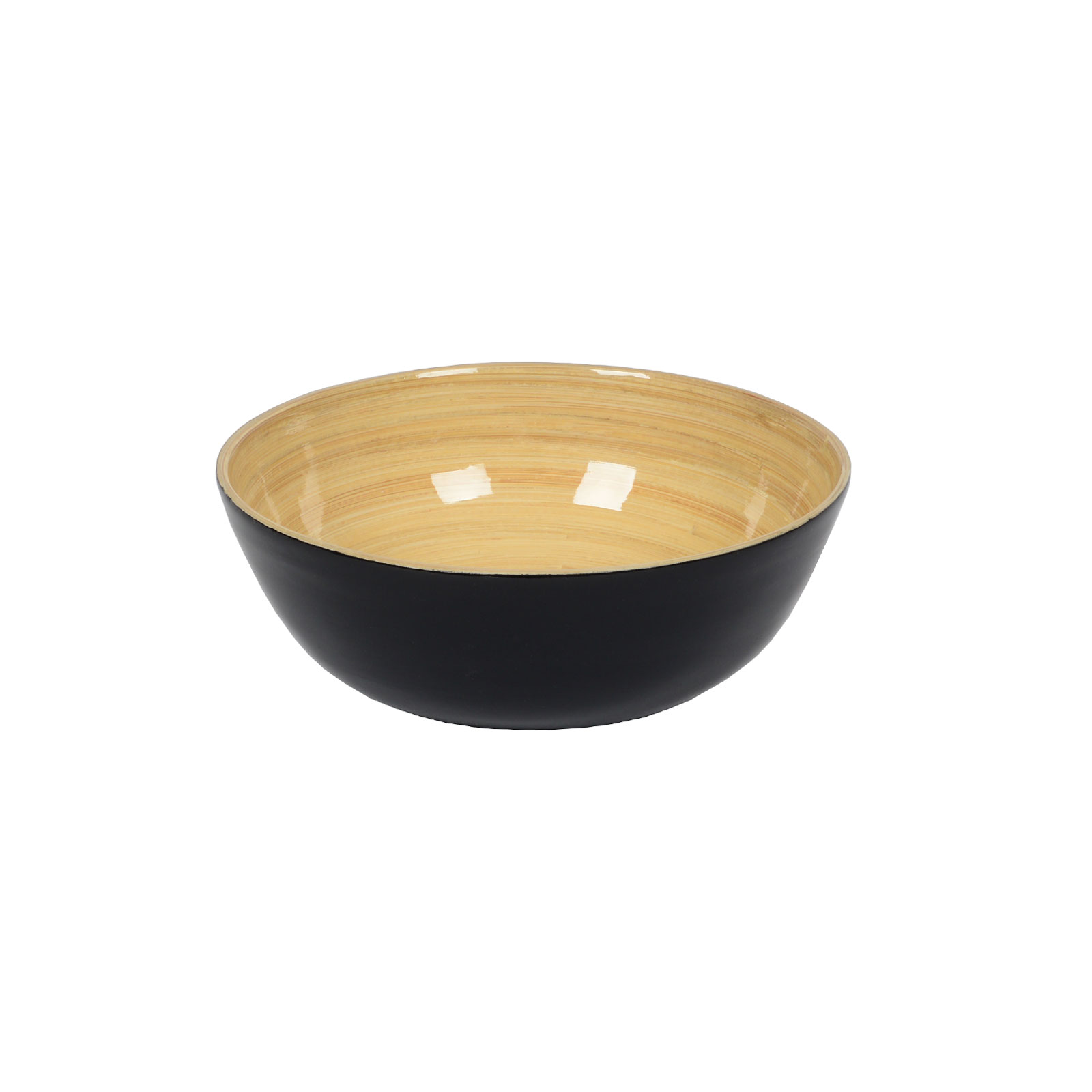 Die glänzend lackierte Bambus-Schüssel flach 18cm schwarz ist außen schwarz und zeigt innen das schöne Holz.