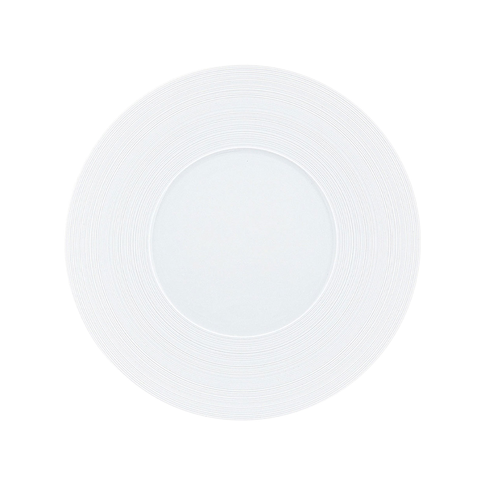 Der Hémisphère Satin white Frühstücksteller von Coquet besteht aus weißem Porzellan und hat auf der Fahne ein mattes Rillen-Finish.