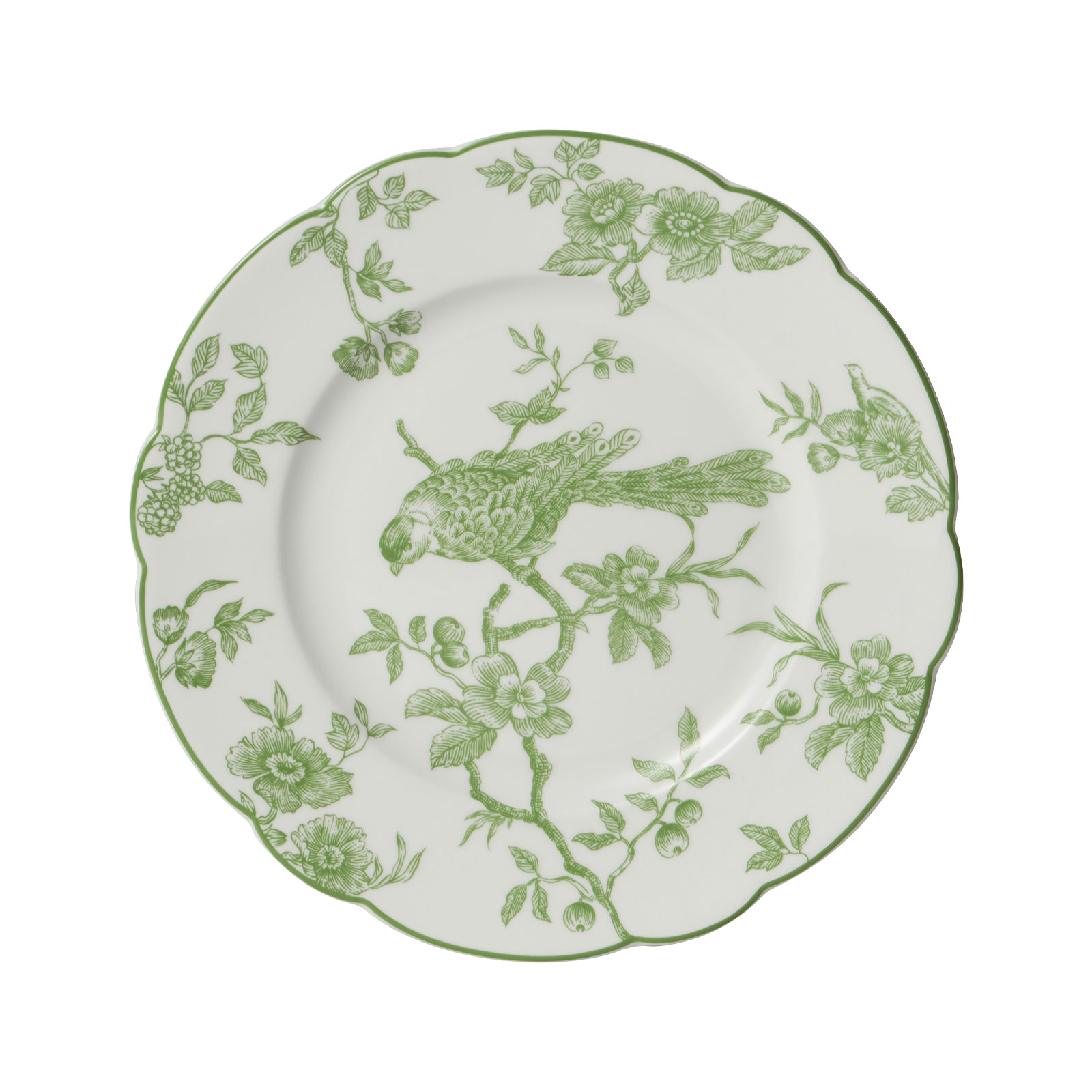 Der Albertine Frühstücksteller von Bernardaud ist ein weißer Porzellanteller mit geschwungenem Rand und dekoriert mit einem grünen Toile-de-Juoy Muster.