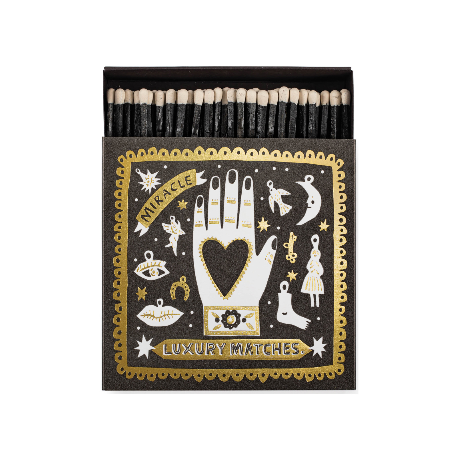 Geöffnete Archivist Streichholzschachtel Black Miracles mit Hand-Print, Symbolen und langen schwarzen Streichhölzern.