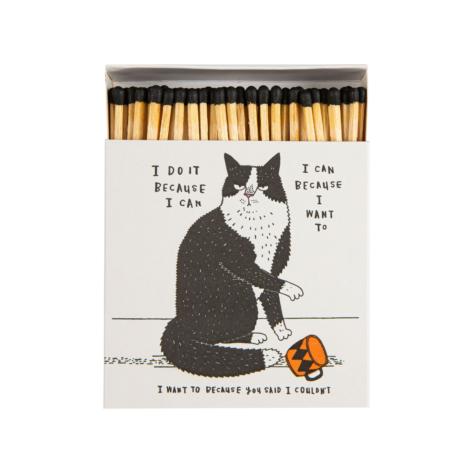 Eine halb geöffnete Packung Streichhölzer zeigt schwarze Streichholzköpfe. Auf der Packung abgebildet ist eine schwarze Katze, die gerade etwas umgeschmissen hat.