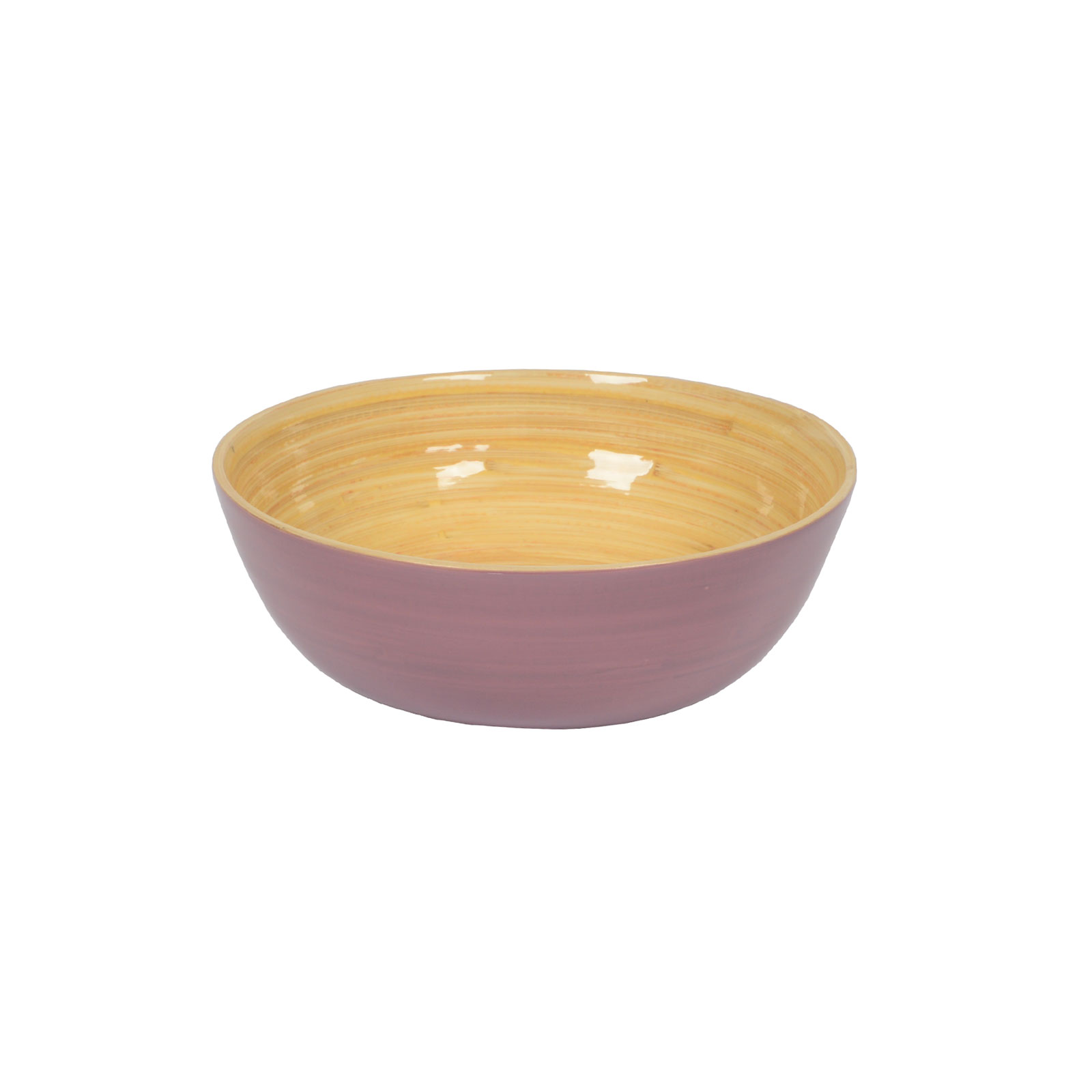 Die glänzend lackierte Bambus-Schüssel flach 18cm mauve ist außen altrosa und zeigt innen das schöne Holz.