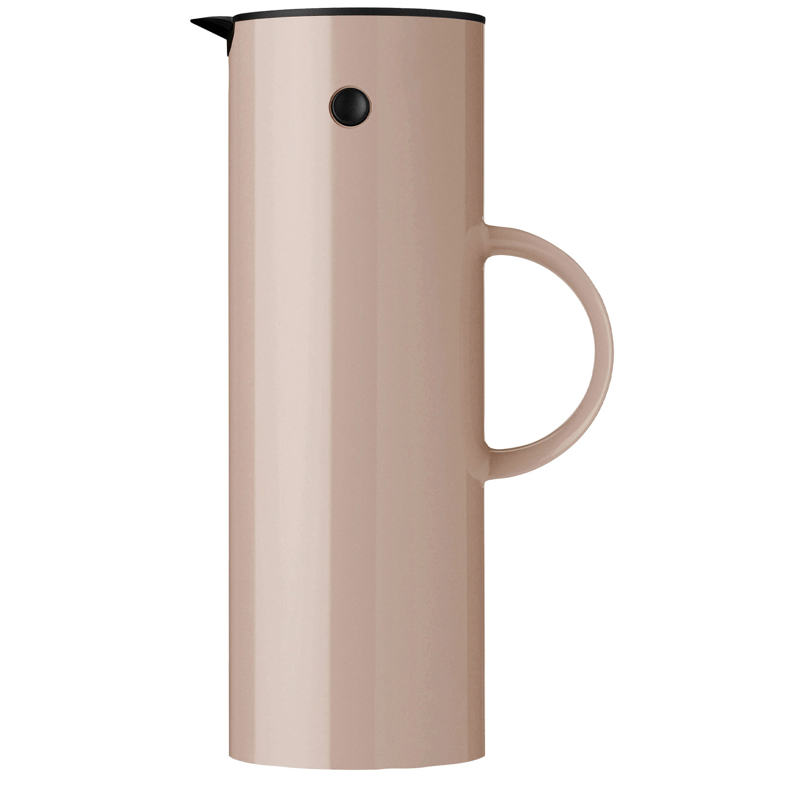 Die EM77 Isolierkanne 1 Liter heather ist altrosa. Die Kanne hat eine perfekte Zylinderform mit einem halbkreisförmigen Griff auf halber Höhe.