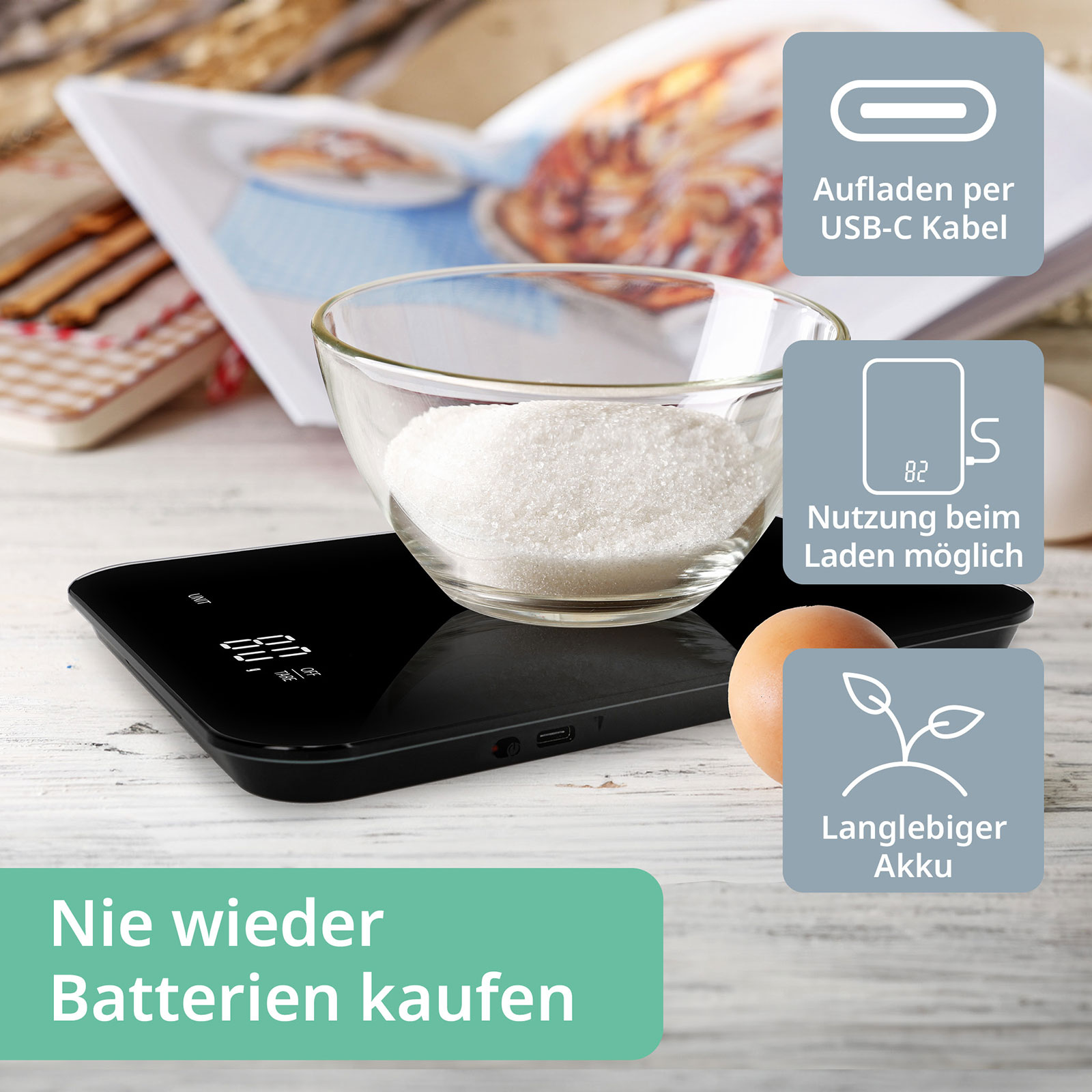 Für diese Waage müssen Sie nie Batterien kaufenn. Laden Sie sie per USB-C Kabel. Nutzung beim Laden möglich.